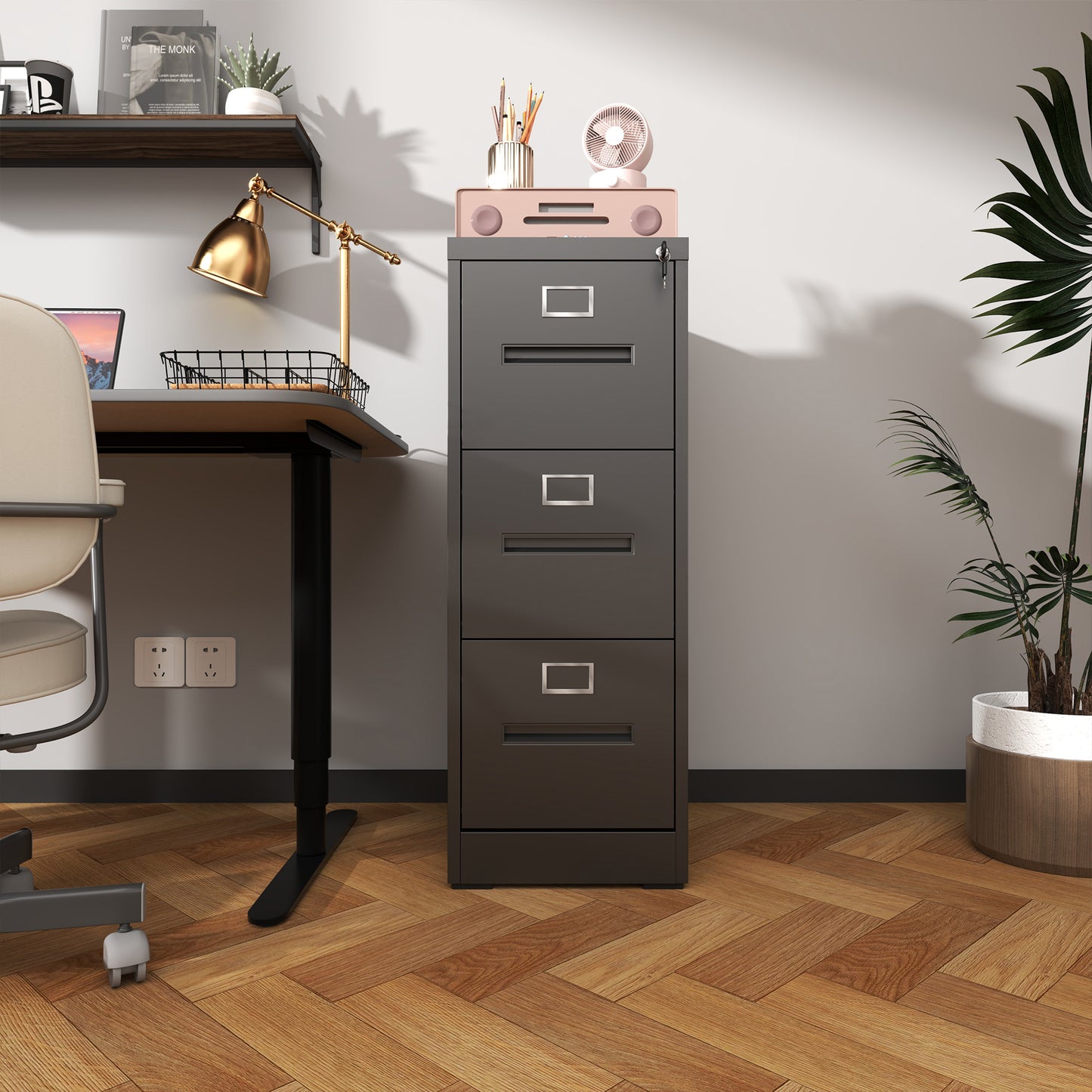 VIYET 40"H 3-Drawer Narrow Metal Vertical File Cabinet with Lock, Fits A4/Letter/Legal, Home Office Filing Steel Cabinet