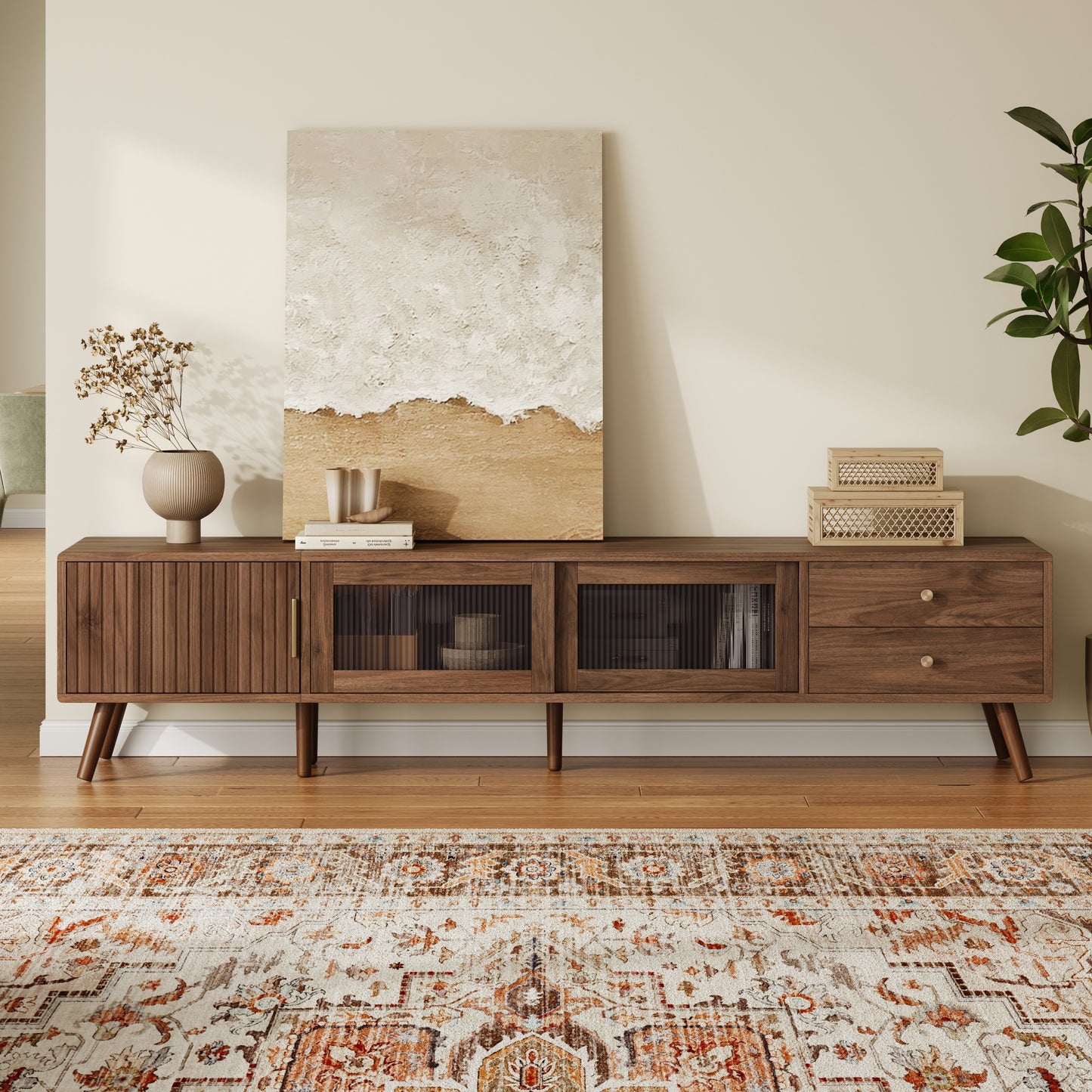 VIYET 77"Modern Minimal TV Stand, Wood-Grain Glass-Door Media Console (for TVs up to 85"), Solid Wood+MDF Storage Cabinet
