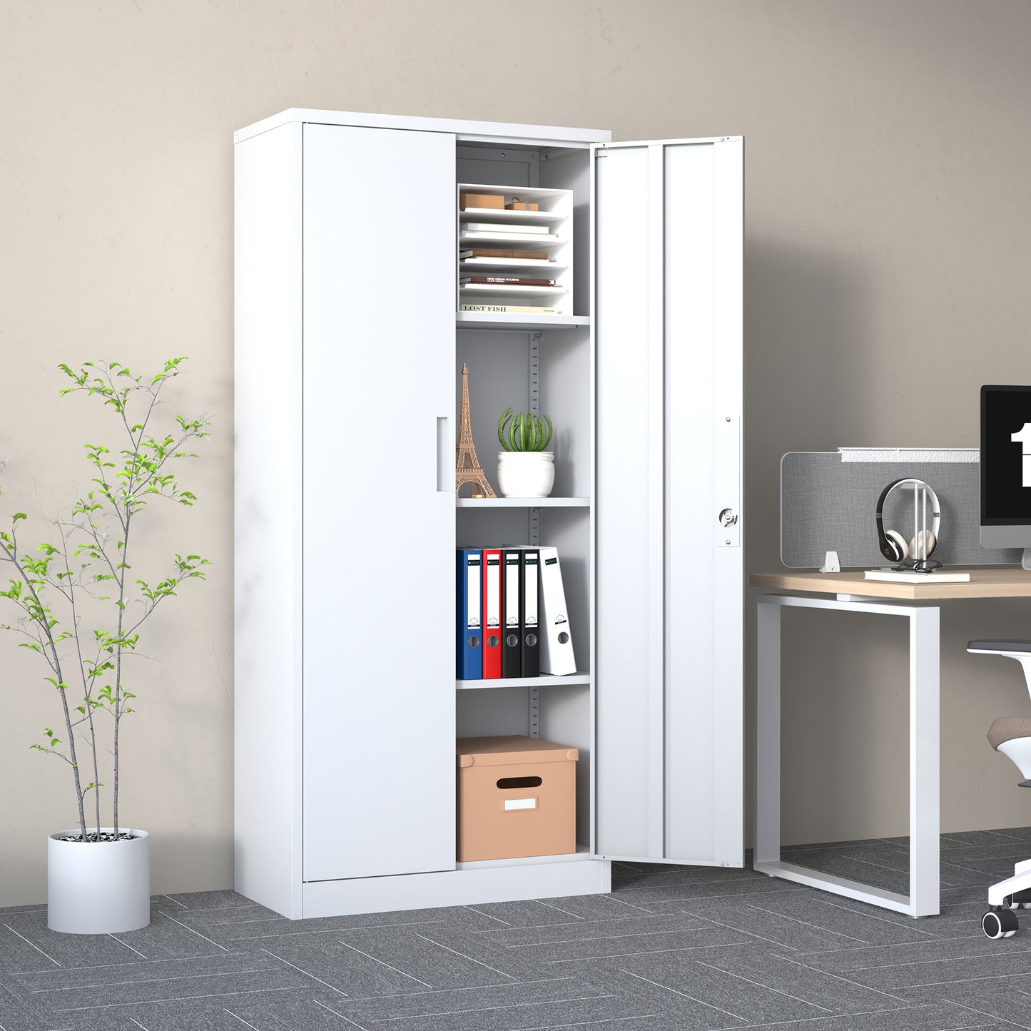 VIYET 71"H Metal Garage Storage Cabinet, White Lockable Steel Cabinet w/ 3 Adjustable Shelves (Anti-Tipping Office/Pantry Organizer)