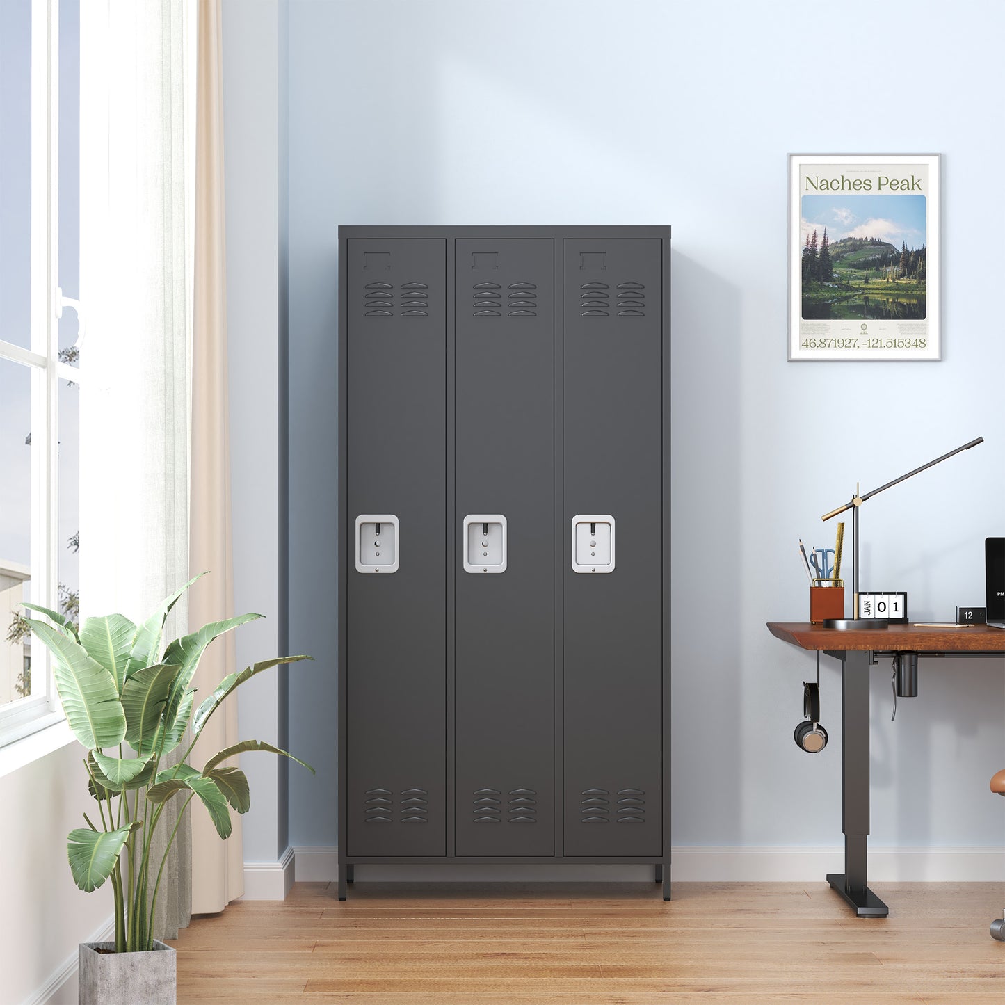 VIYET 72" 3 Door Metal Locker Storage Cabinet with Locks, Freestanding Employee Locker for Office, School, Gym, Garage & Home, Black
