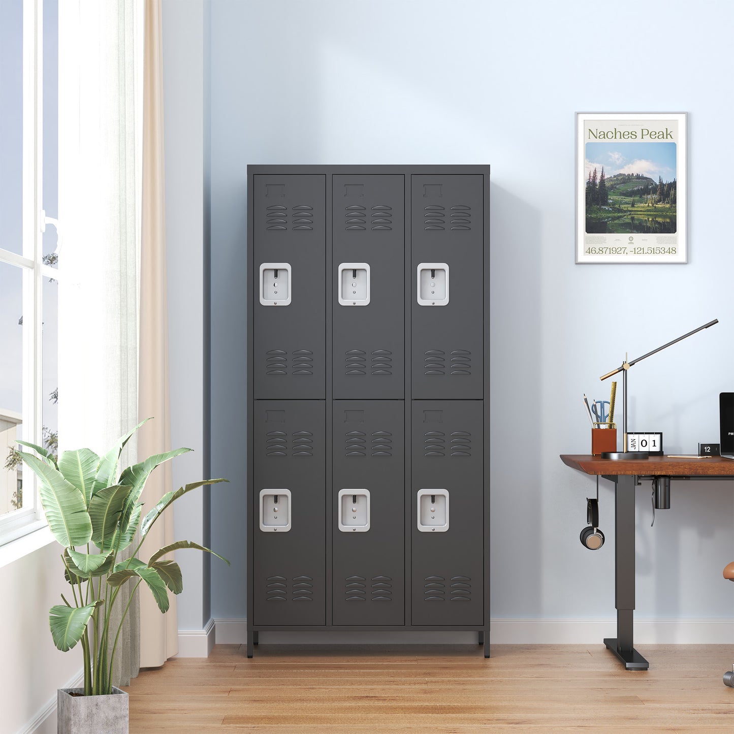 VIYET 72" 6 Door Metal Storage Locker Cabinet with Locks, Freestanding Employee Locker for Office, School, Gym, Garage & Home, Black