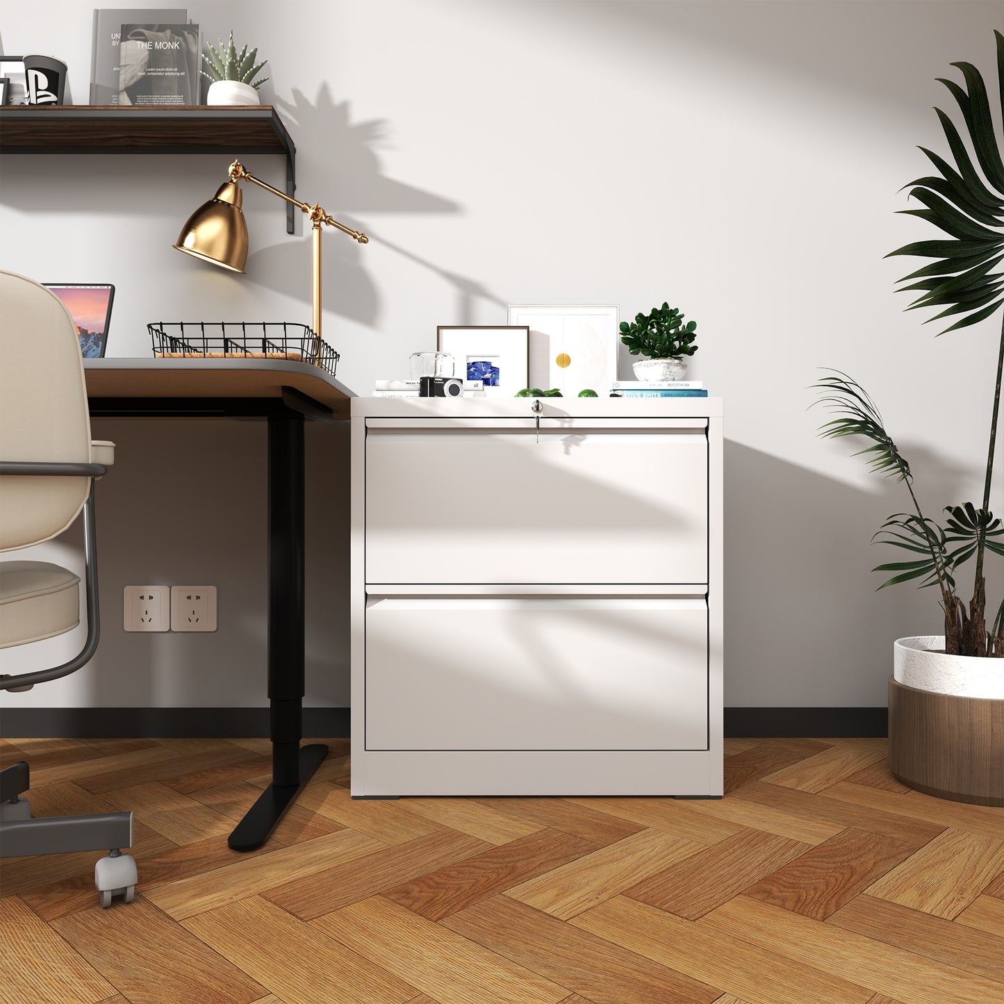 VIYET White 2 Drawer Lateral File Cabinet with Lock, Steel Filing Cabinet for Home Office, Fits Letter, Legal & A4 Files