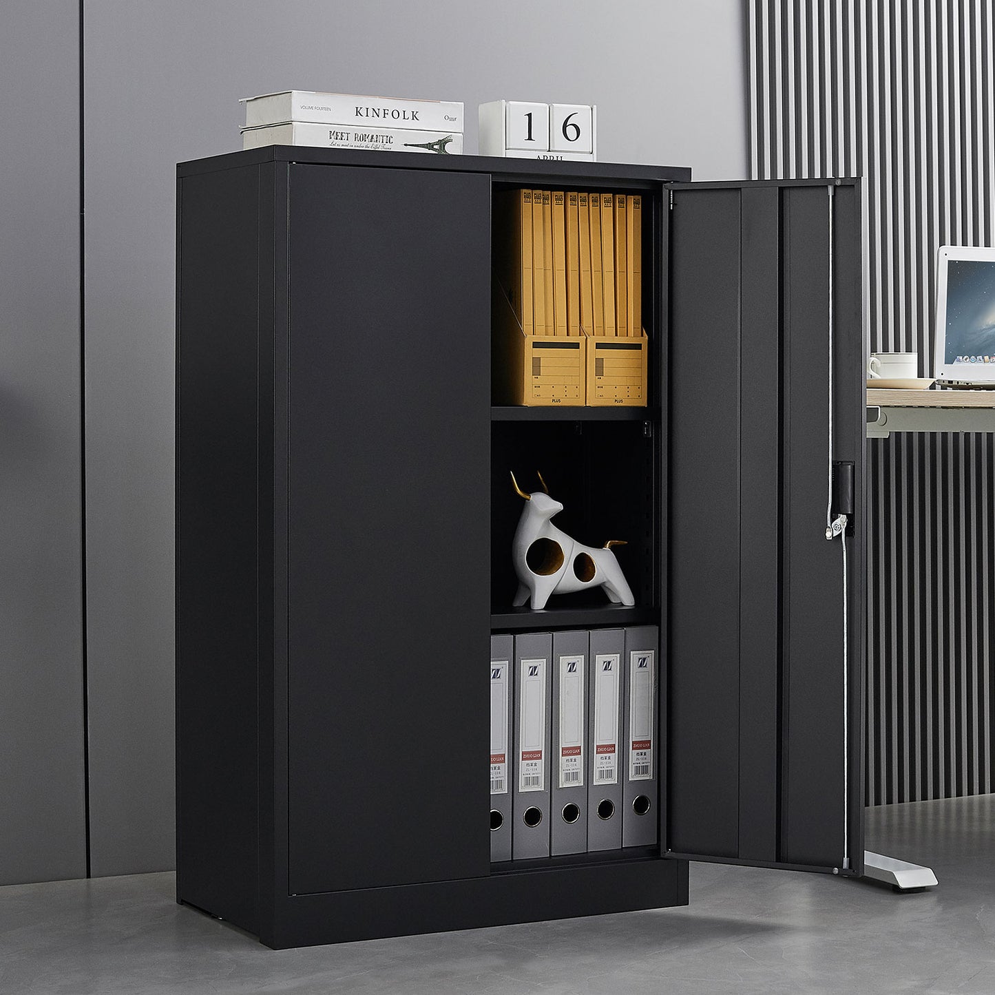 VIYET 41.97"H Metal Folding Storage Cabinet, Filing Cabinet w/ Locking Doors & Adjustable Shelf, Black
