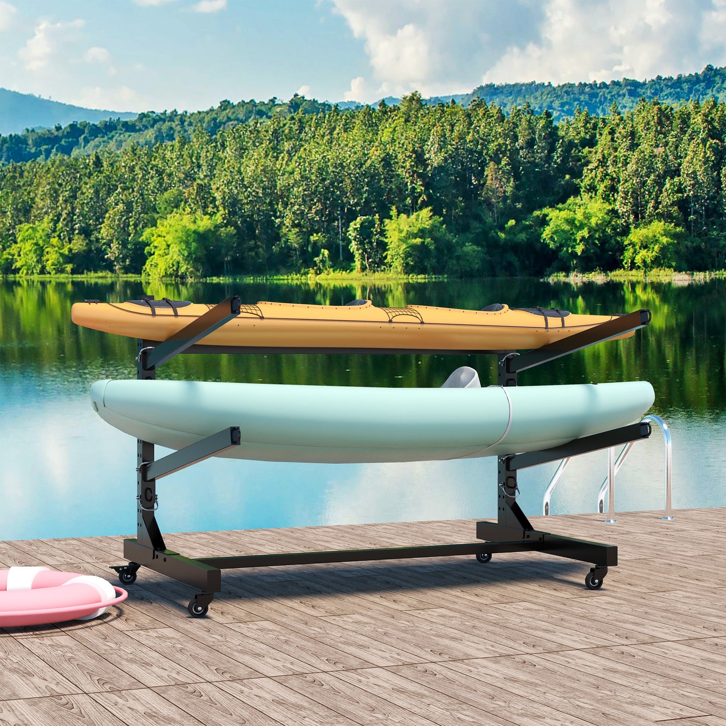 VIYET 27"H Freestanding Kayak Storage Rack, Heavy-Duty Adjustable Stand with Lockable Wheels, Holds 2 Kayaks/Canoe/SUP/Surfboard (Black)