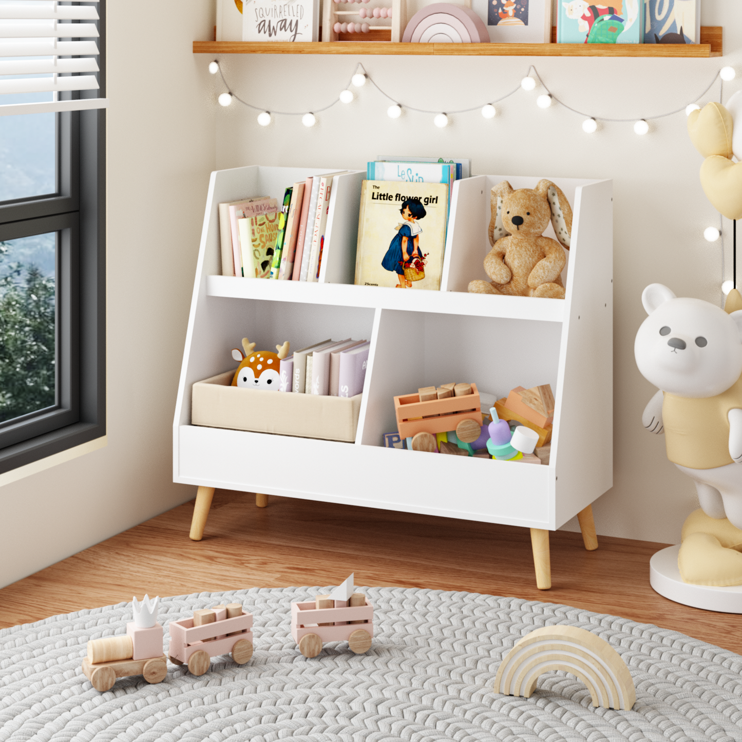 VIYET 28" Kids 5-Cubby Bookshelf Toy Organizer,White Wooden 2-Tier Storage Rack w/ Pine Legs (Anti-Tipping Nursery/Playroom Organizer)