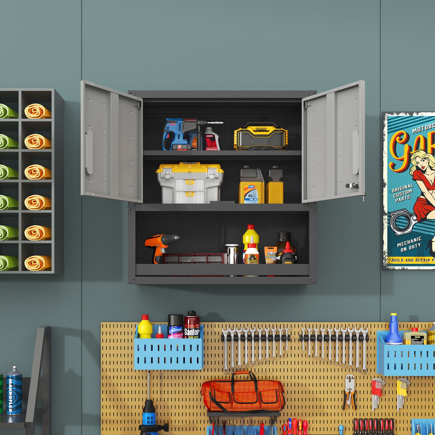 VIYET 30"H Wall-Mounted Metal Storage Cabinet - Locking Doors + Open Drawer + Shelf, Cold-Rolled Steel, Rust-Resistant Powder Coating, Modern Black+Gray for Garage/Office/Warehouse/Home/School