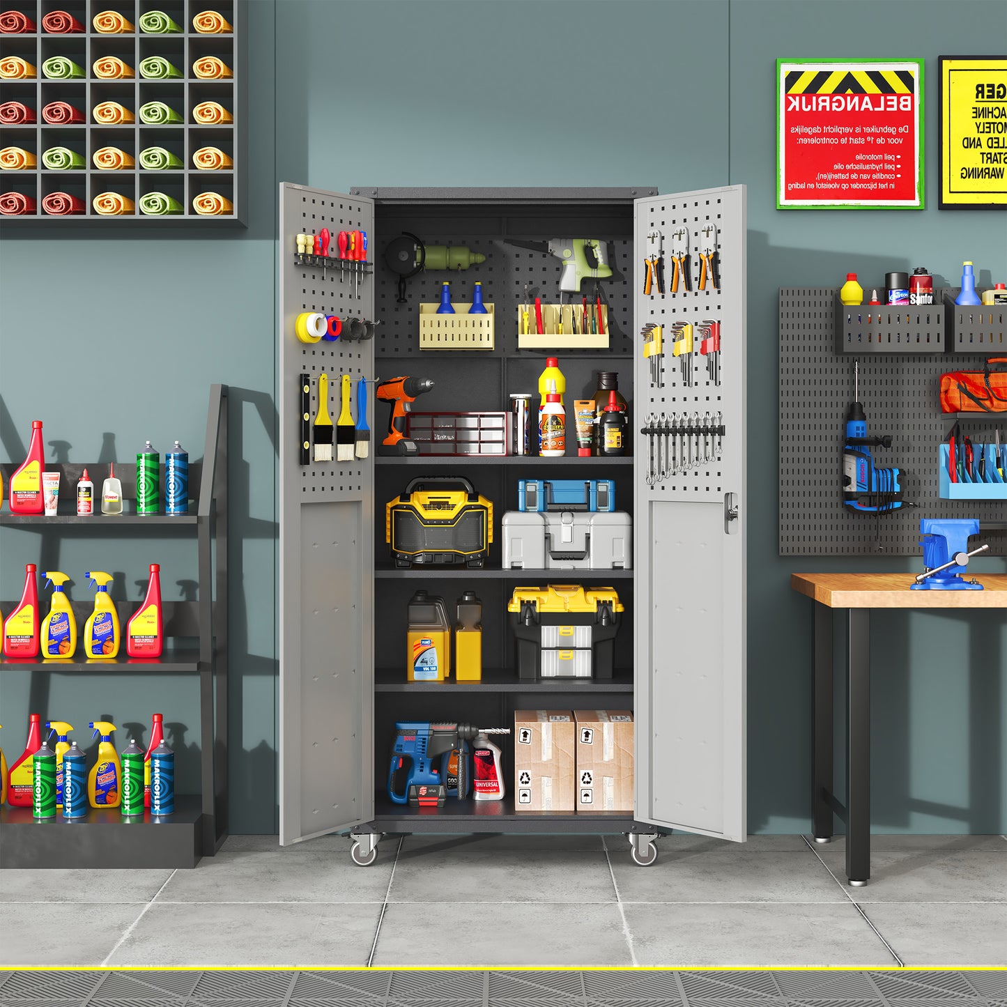 VIYET 71"H Heavy-Duty Steel Garage Cabinet with Wheels & Lock - 3 Adjustable Shelves, 2 Hinged Doors, Mobile Organizer for Garage/Home/Office/School, Black+Gray