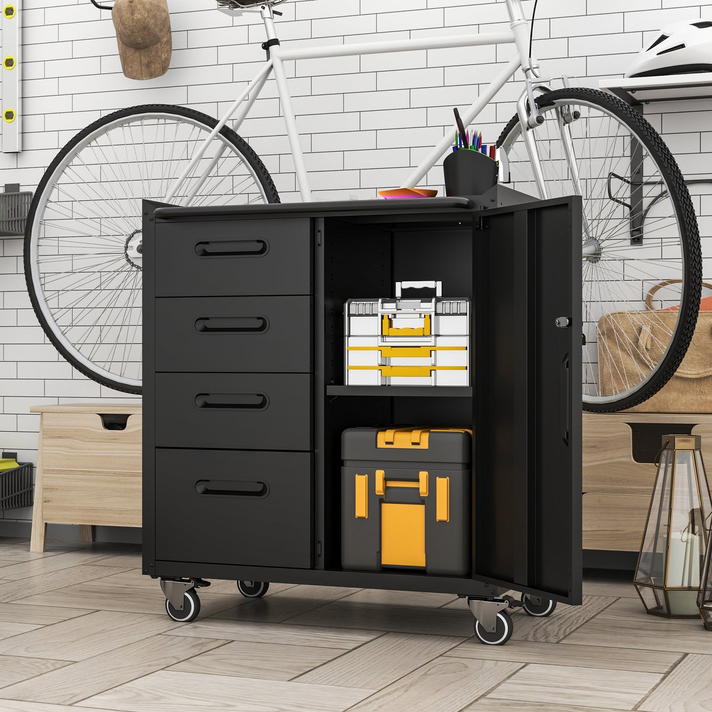 VIYET 35"H Heavy-Duty Mobile Steel Tool Cabinet, Categorized Drawers, Lockable Adjustable Shelf, 360° Casters, Black+Gray, Garage/Home/Office/Workshop