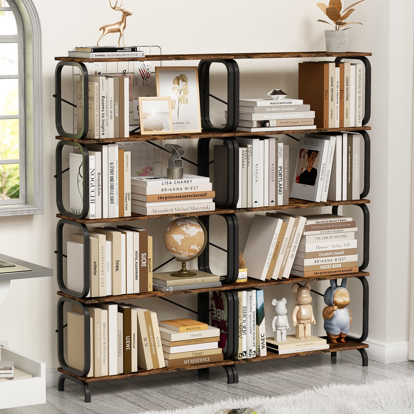 VIYET 63"×11.8"×63" 5-Tier Industrial Bookshelf - Rustic Brown MDF+Iron Frame, Anti-Tipping