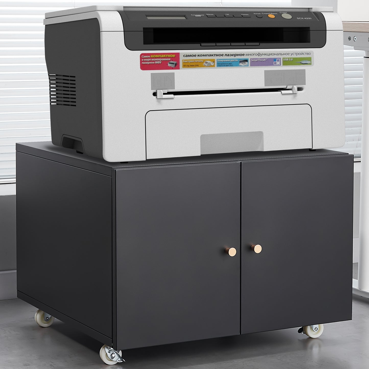 VIYET 23.6" Black Steel Double-Door Printer Cabinet, 360° Lockable Casters & Adjustable Shelves, Waterproof