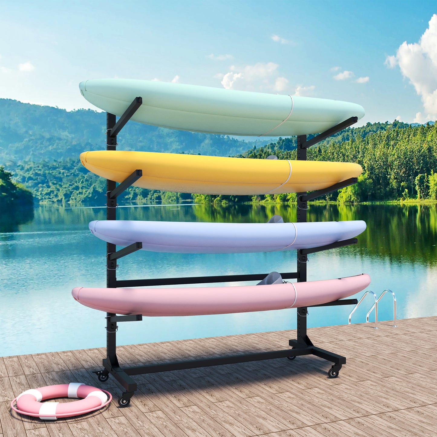 VIYET 80"H Freestanding Kayak Storage Rack, Heavy-Duty Adjustable Stand with Lockable Wheels, Holds 4 Kayaks/Canoe/SUP/Surfboard (Black)