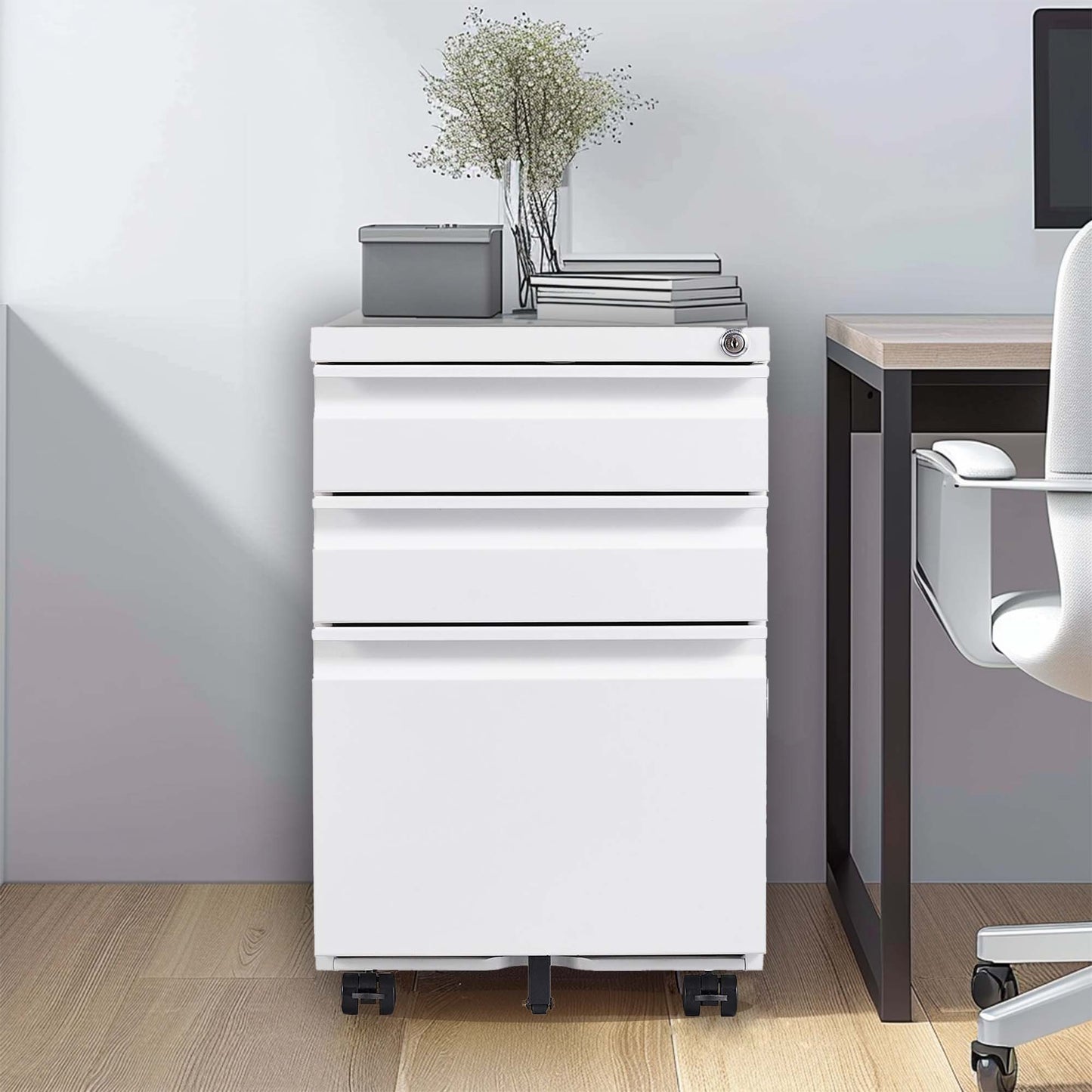 VIYET 3-Drawer Mobile File Cabinet with Lock, Rolling Metal Filing Cabinet for Home Office, Fits Letter, Legal & A4 Files, White