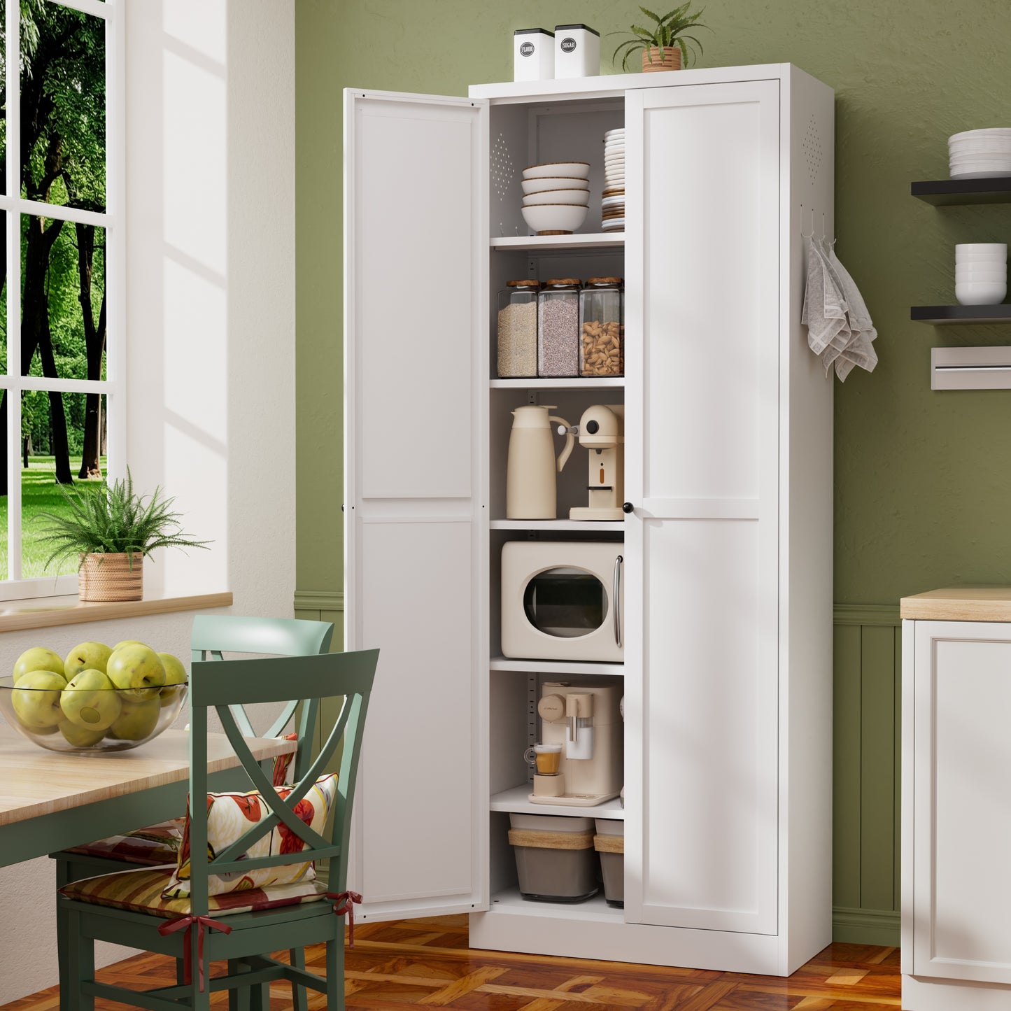 VIYET 72" Metal Pantry Cabinet with Doors, White Kitchen Storage Cabinet, Freestanding Organizer with 5 Adjustable Shelves