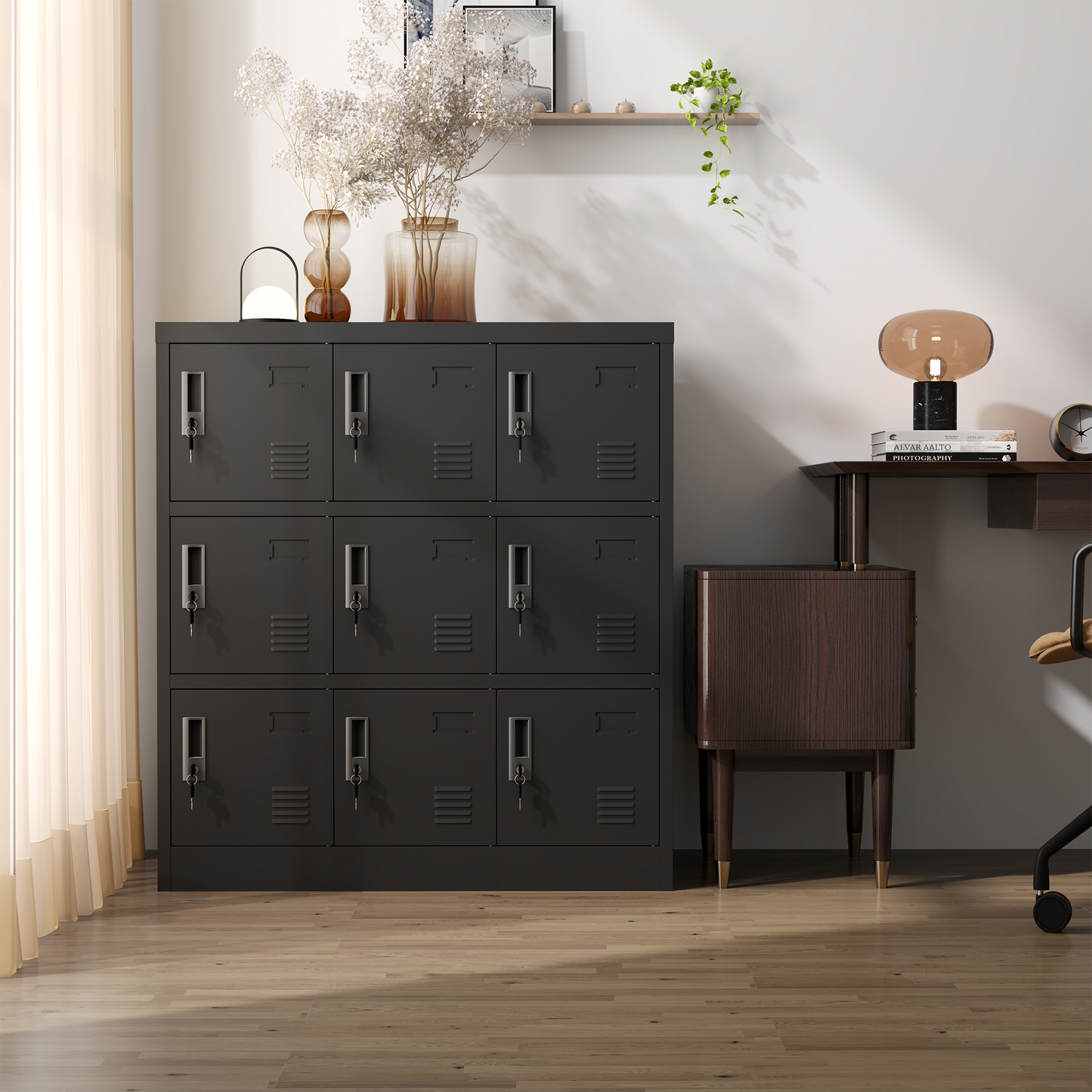 VIYET 9-Door Metal Storage Locker with Lock and Card Slot, Black Freestanding Cabinet for Office, Gym, School & Home Storage