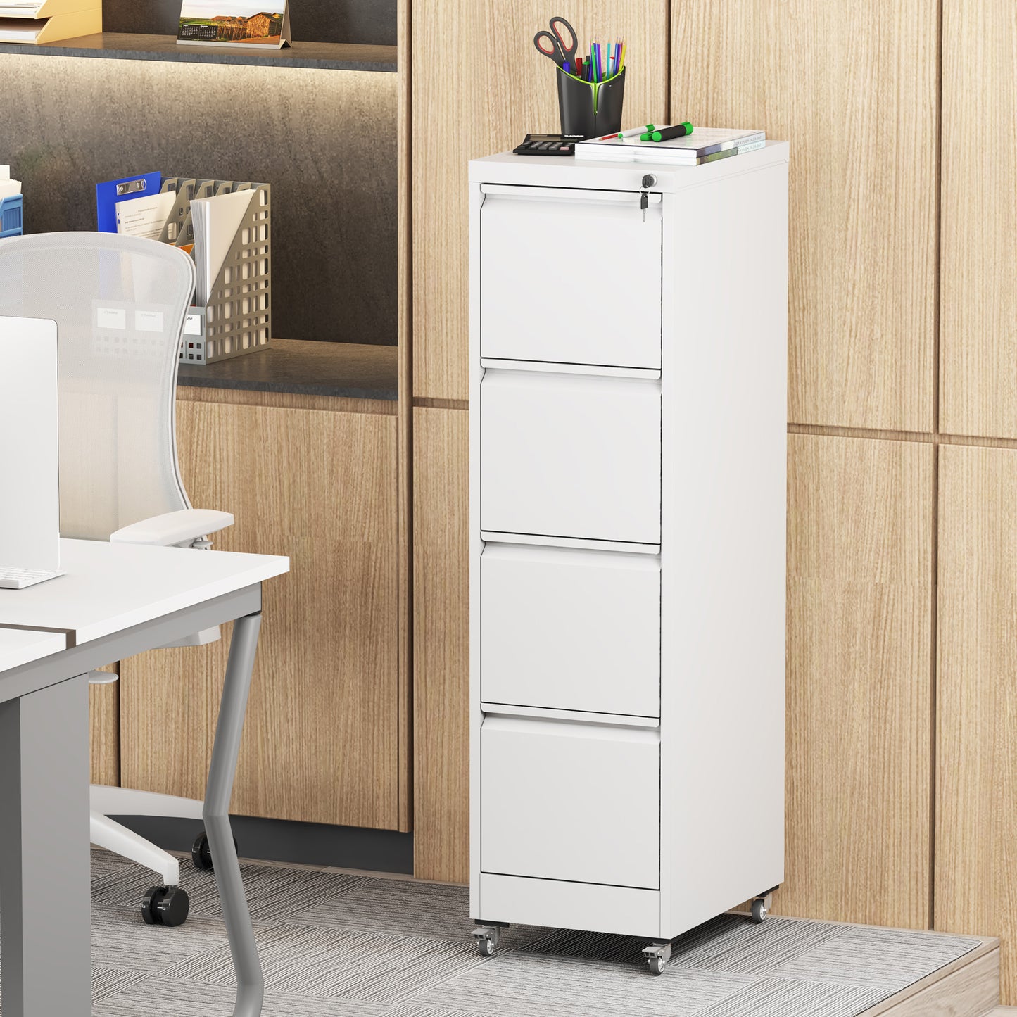 VIYET 4-Drawer Rolling Metal File Cabinet with Lock, Vertical Filing Cabinet on Wheels, Fits Letter & Legal Files, White
