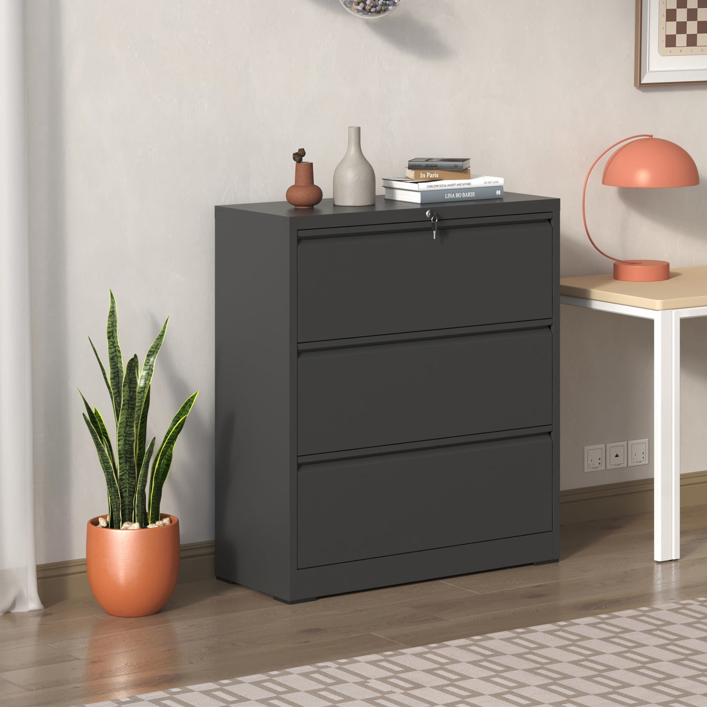 VIYET Heavy-Duty 3-Drawer Lockable Lateral File Cabinet, Anti-Tilt Metal Office Storage for Letter, Legal & A4 Documents