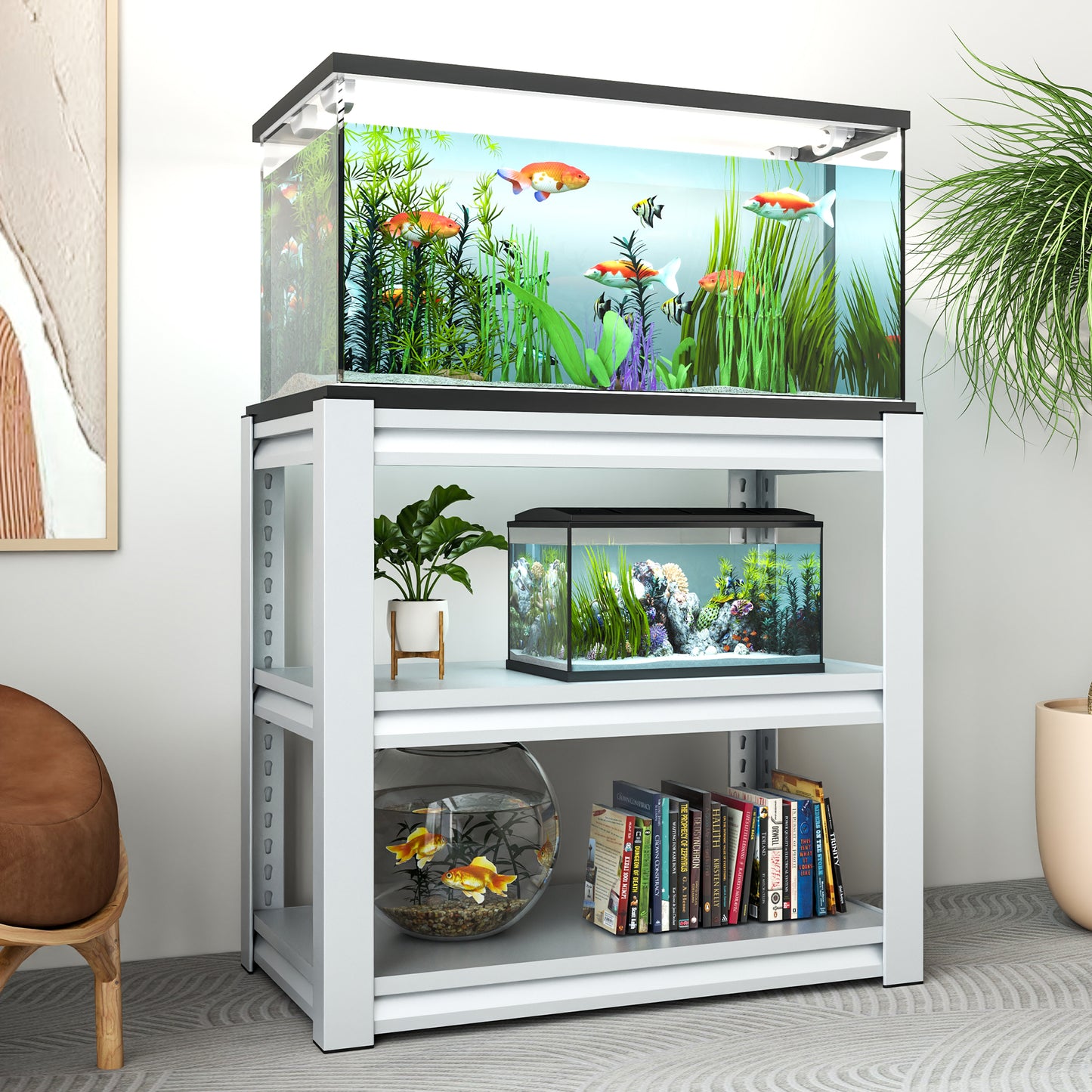 VIYET 31" 3-Tier Adjustable Fish Tank Stand - 400lbs Heavy-Duty Metal Aquarium Stand for 20-30 Gallon, Antique White with Floor Pads