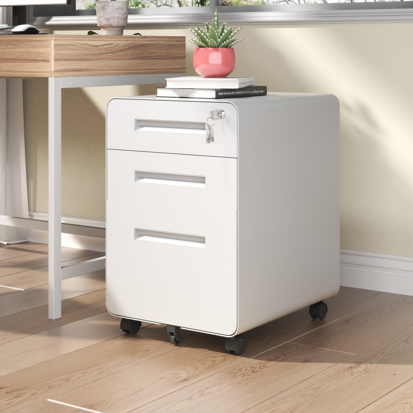 VIYET 3 Drawer Mobile File Cabinet with Lock, Fully Assembled Steel Filing Cabinet on Wheels, Holds A4 & Letter Files, 110 lb Capacity per Drawer