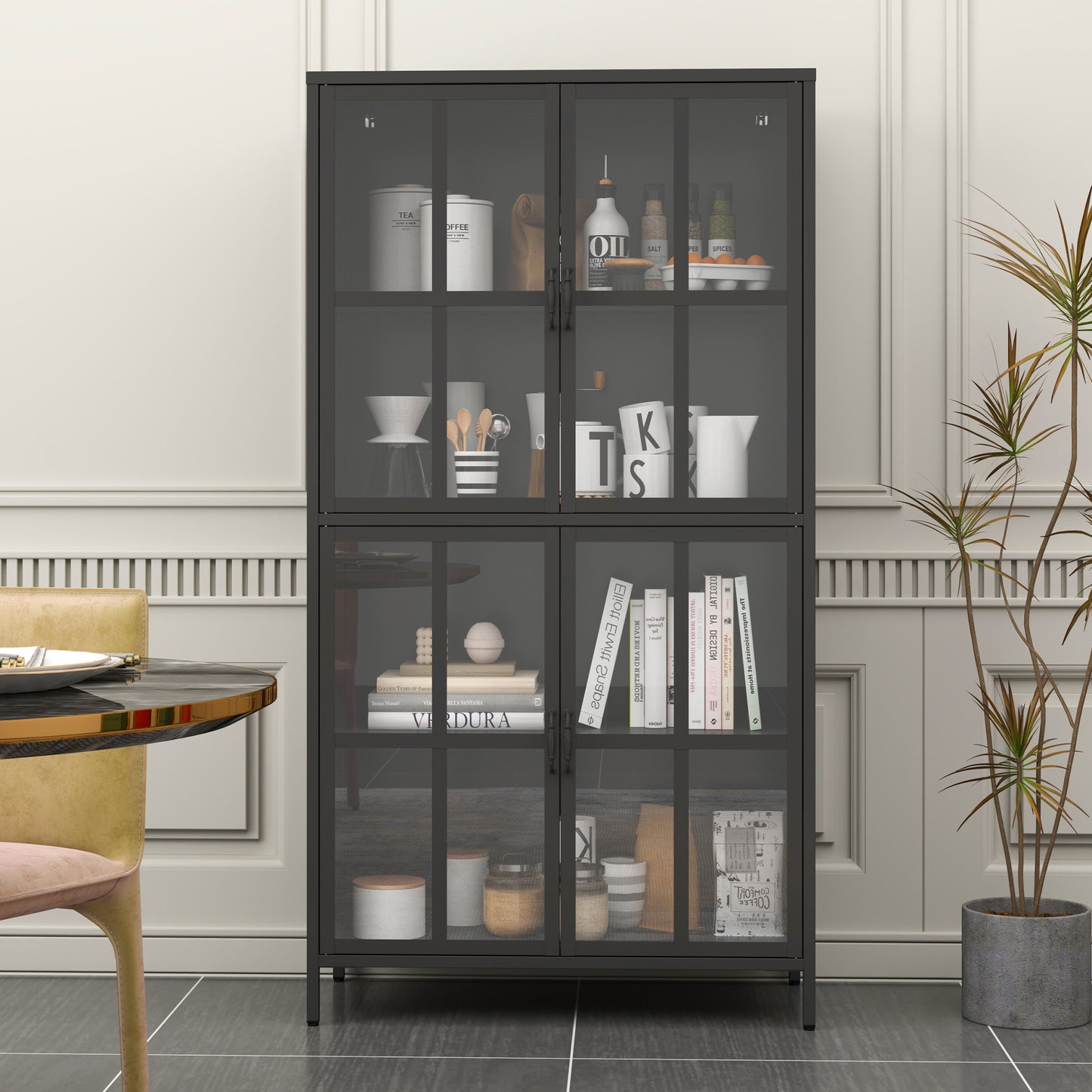 VIYET 63"H Premium Black Metal Storage Cabinet, Tempered Glass Doors + Adjustable Shelves, Anti-Tipping & Magnetic Silent Closure for Home/Office