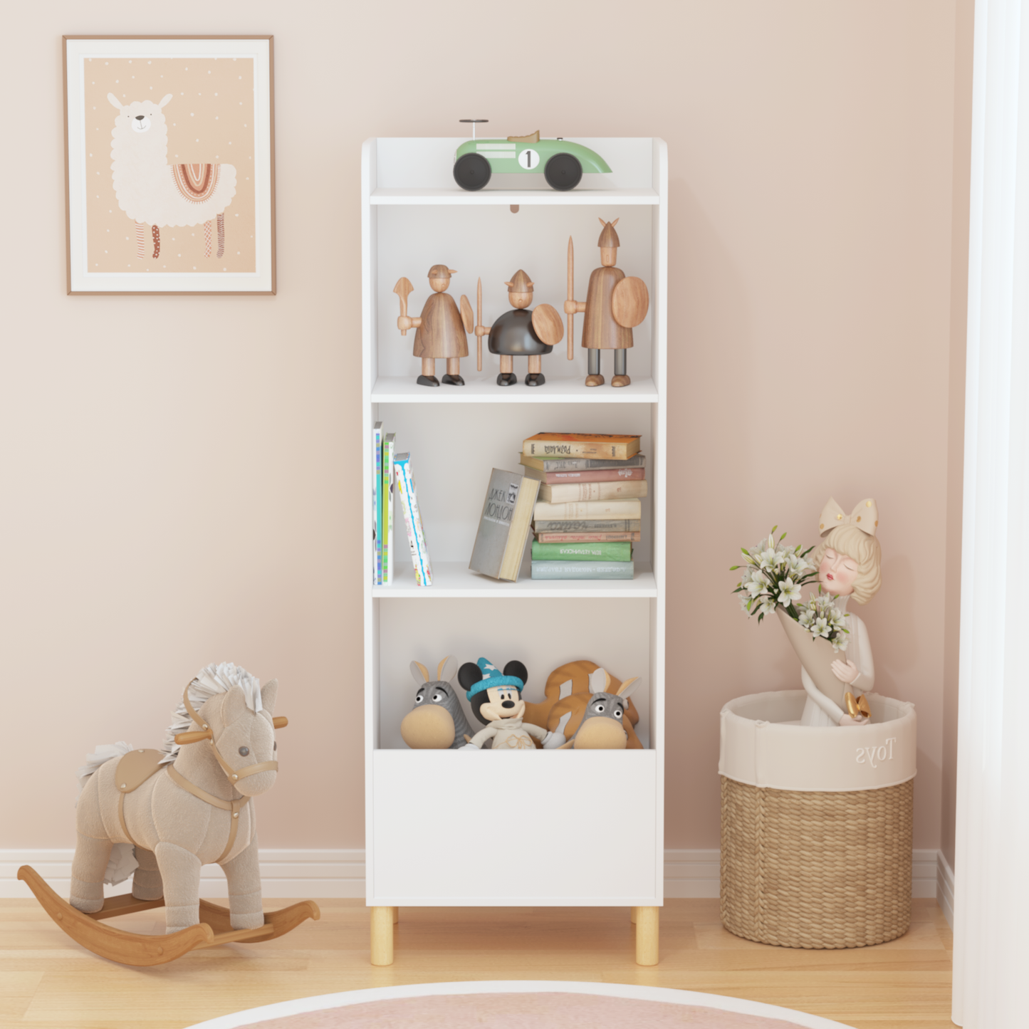 VIYET 51" Kids 4-Tier Bookcase, White MDF+Pine Legs Storage Organizer w/ Anti-Tipping Device (Nursery/Playroom Display Rack)