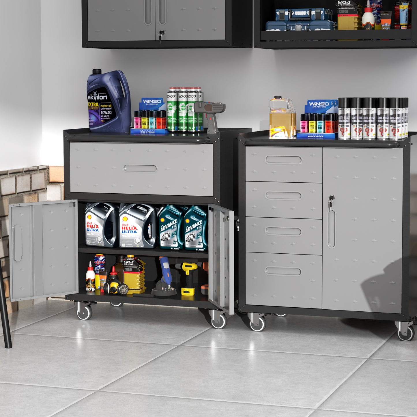 VIYET 35"H Heavy-Duty Mobile Steel Tool Cabinet, 360° Lockable Casters, 3-Sided Top Fence, Garage/Home/Office/Workshop, Black+Gray