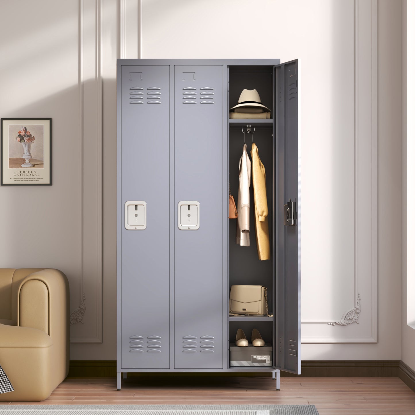 VIYET 72" 3-Door Metal Locker Cabinet, Gray Steel Storage w/ Independent Locks (Employee/Gym/Office/School Organizer)