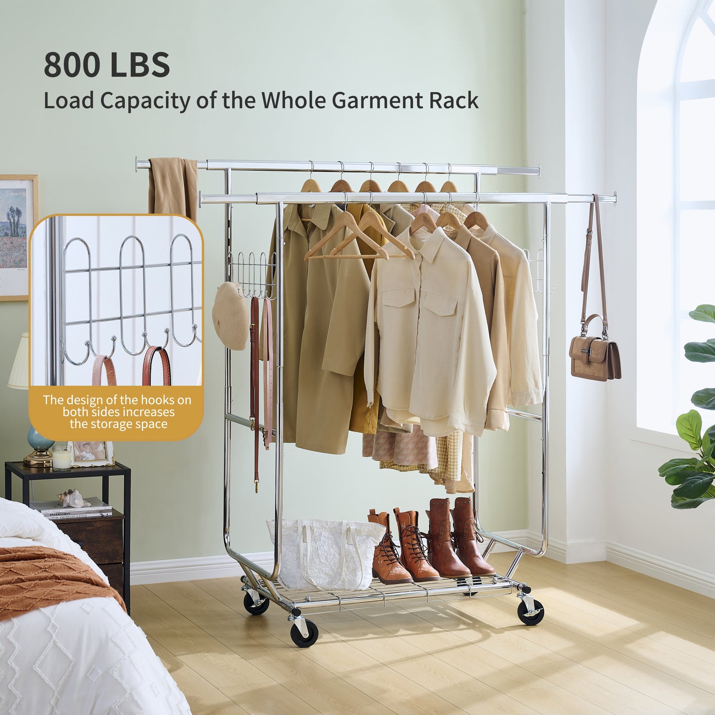 VIYET 68" 800LBS Double Garment Rack with Shelves, Heavy-Duty Iron Rolling Clothes Rack (Collapsible Commercial Portable Hanger)