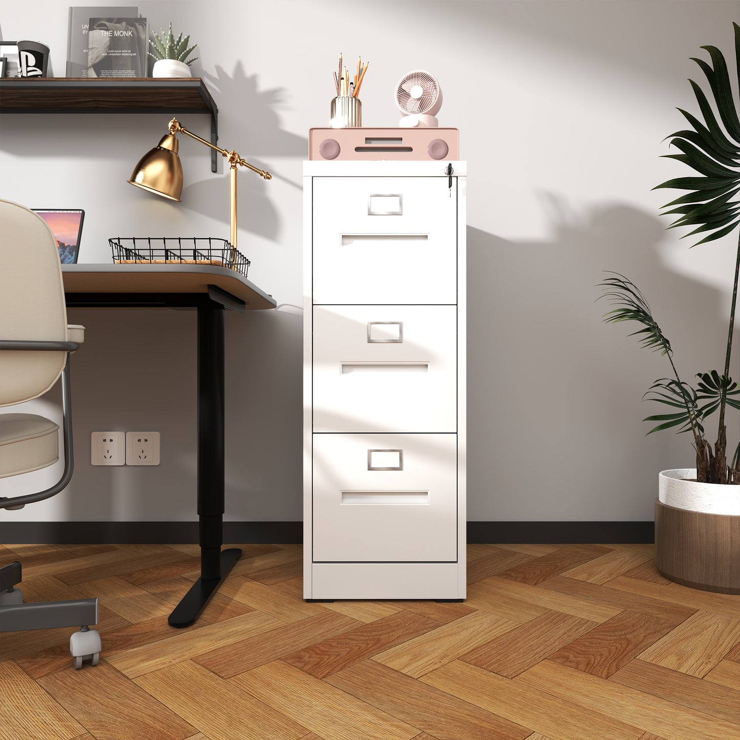 VIYET 40"H 3-Drawer White Narrow Metal Vertical File Cabinet with Lock, Steel Filing Cabinet for Home Office, Fits A4/Legal/Letter (Assembly Required)