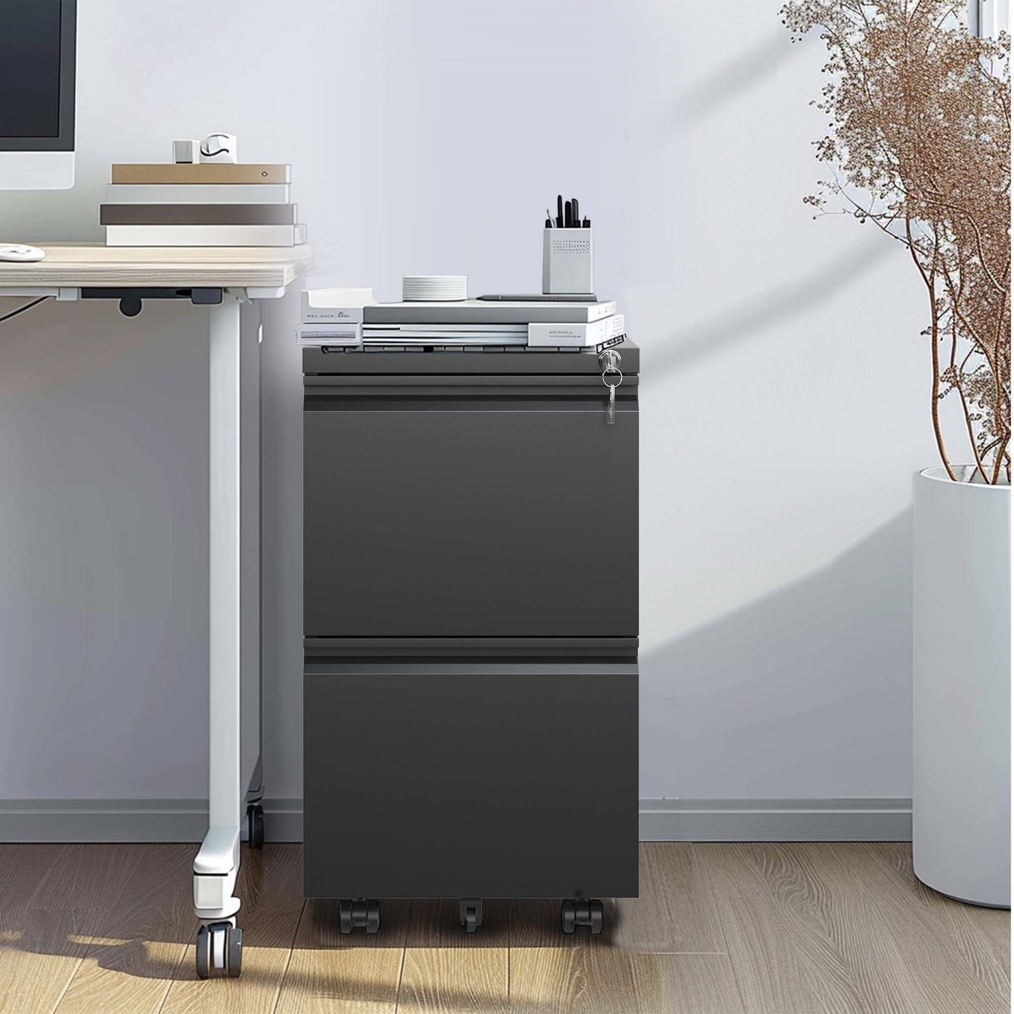 VIYET 2-Drawer Mobile Metal File Cabinet with Lock, Rolling Office Storage for Letter, Legal & A4 Hanging Files, Fully Assembled Except Wheels