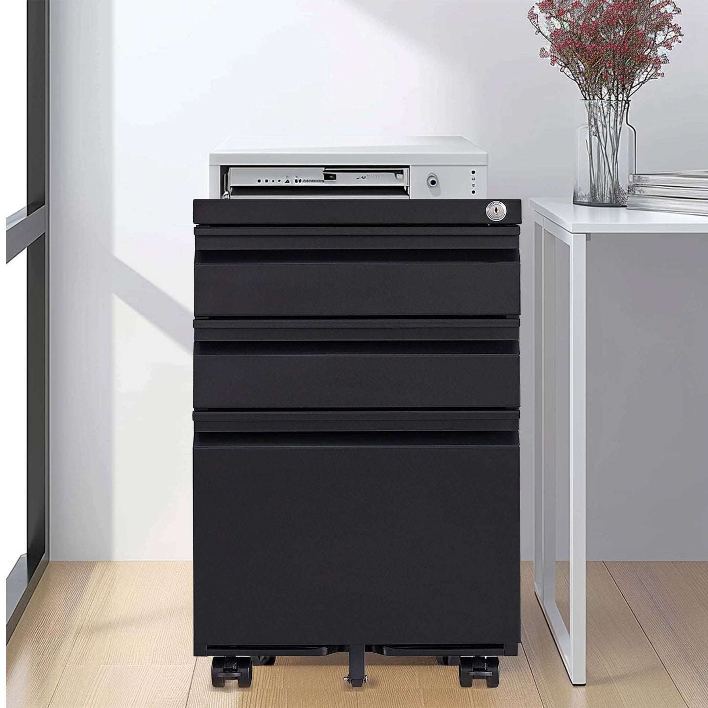 VIYET 2-Drawer Mobile Metal File Cabinet in Antique White with Lock, Rolling Under Desk Storage for Letter, Legal & A4 Files, Fully Assembled Except Wheels