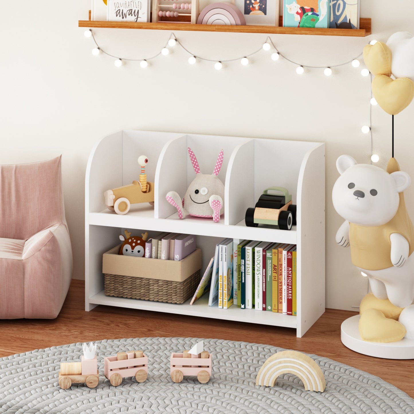 VIYET 24" Kids 4-Compartment Bookcase, White MDF Storage Display Rack (Anti-Tipping Toy Organizer for Playroom/Nursery)