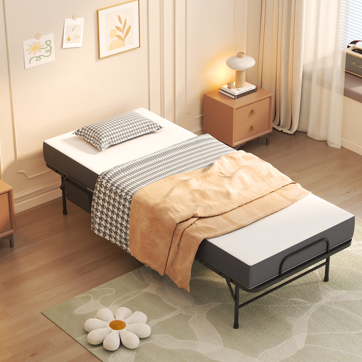 VIYET Twin Folding Rollaway Guest Bed with Side Storage Pocket, 5" Memory Foam Mattress, 450LB Heavy Duty Bed with Wheels