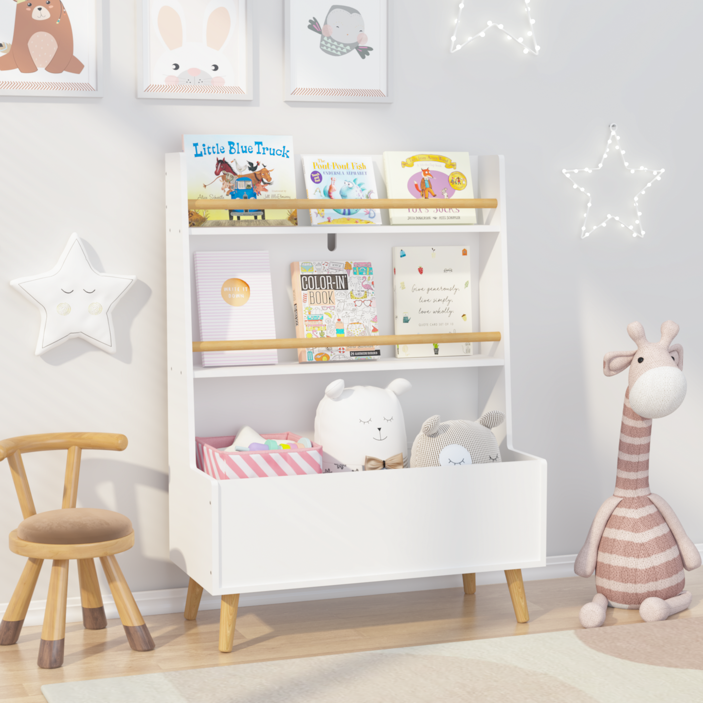 VIYET 37" Kids Bookshelf & Toy Organizer - White MDF+Pine Legs, 2 Shelves, Storage Bin, Anti-Tipping