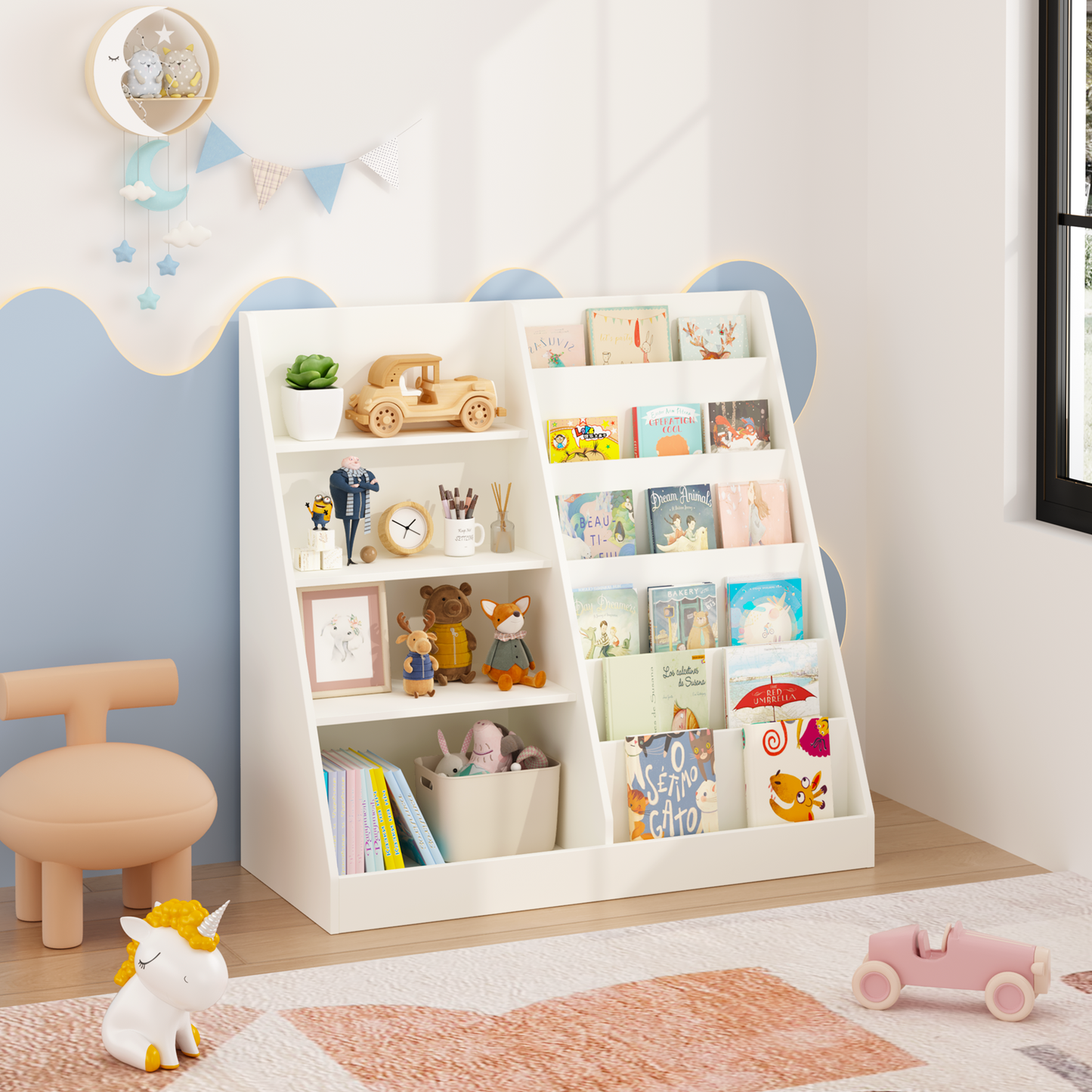 VIYET Kids Bookshelf and Toy Storage Organizer, 4 Tier Wooden Book Display Shelf with Storage Bin for Playroom, Nursery and Bedroom, White