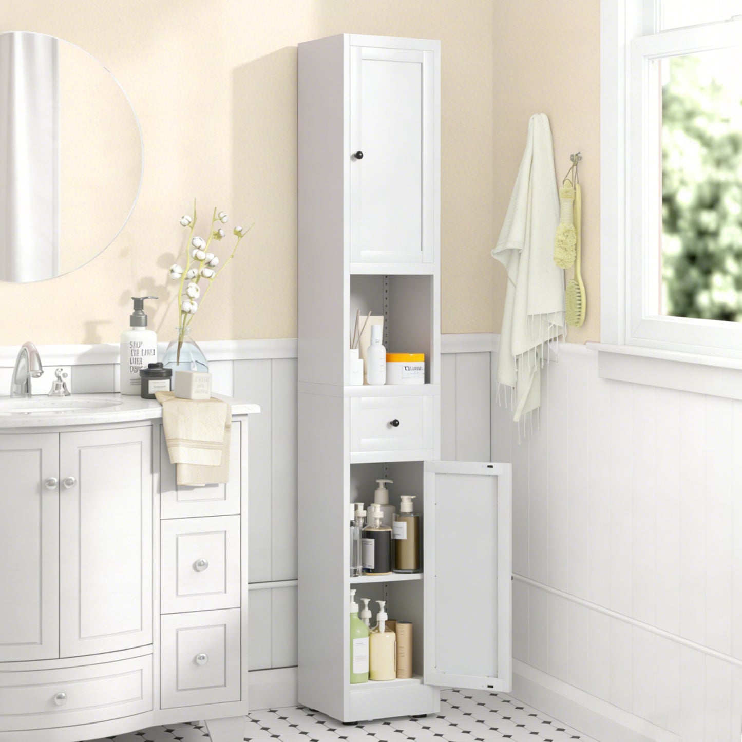 VIYET 71" Tall Bathroom Storage Cabinet, Narrow Metal Linen Cabinet with 2 Doors, Adjustable Shelves, Freestanding Storage Organizer