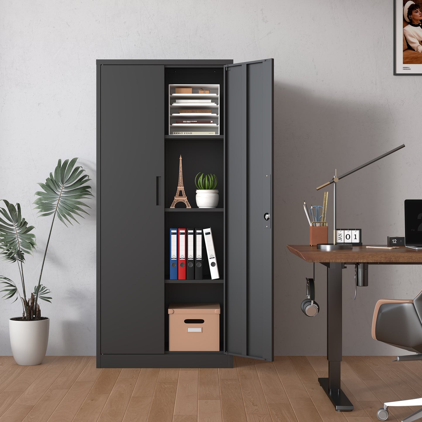 VIYET 71" Metal Garage Storage Cabinet with Lock and 3 Adjustable Shelves, Black Heavy-Duty Lockable Cabinet for Home, Office & Garage