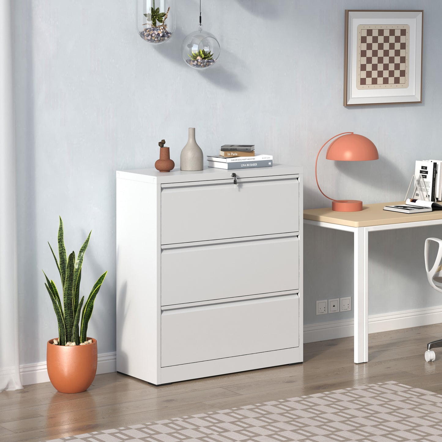 VIYET - 35"W 3-Drawer Lateral File Cabinet with Lock, Metal Filing Cabinet for Home Office, Fits Legal/Letter/A4/F4, White