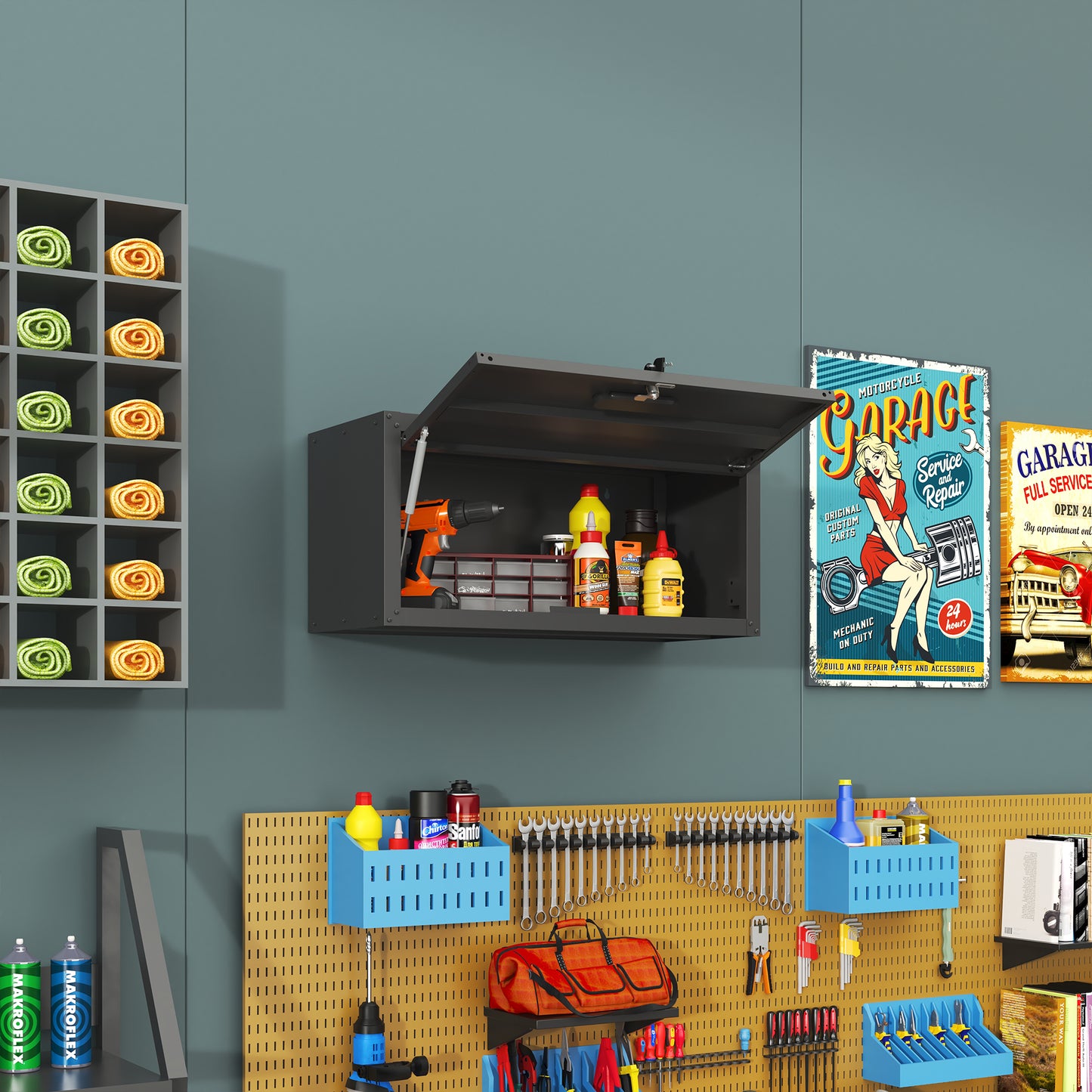 VIYET 13"H Heavy-Duty Wall-Mounted Metal Cabinet - Hydraulic Lift Door + Lock, Modern Black Storage for Garage/Workshop/Utility Room/Pantry