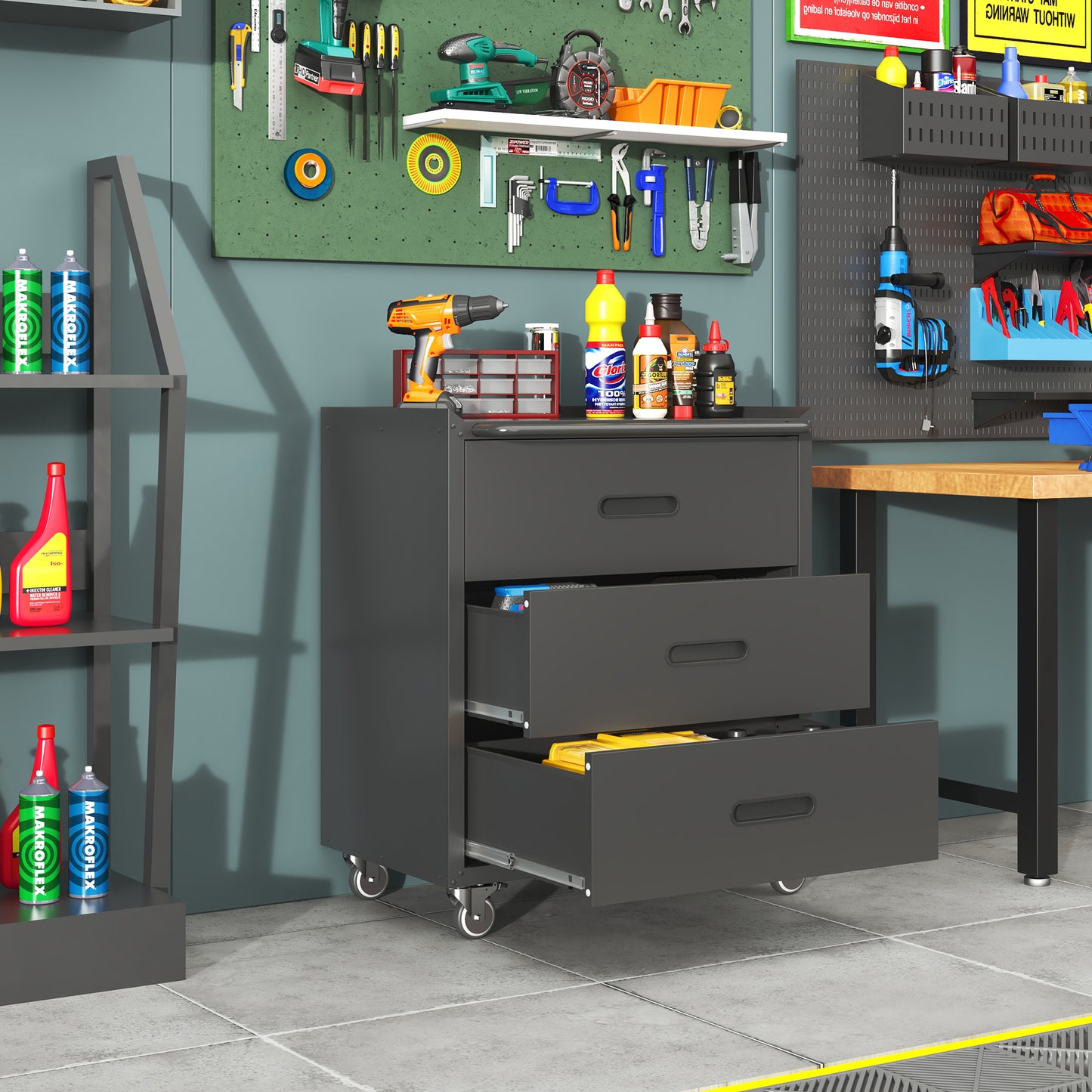 VIYET 35"H 3-Drawer Heavy-Duty Steel Storage Cabinet, Lockable Wheels,200LBS Capacity, Garage/Office/Home, Black+Gray