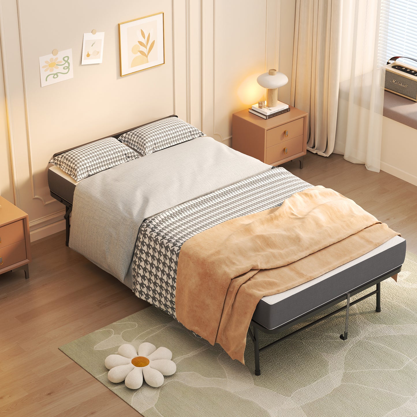 VIYET Twin Folding Rollaway Guest Bed with Adjustable Headboard, 5" Memory Foam Mattress, 450LB Portable Bed with Wheels