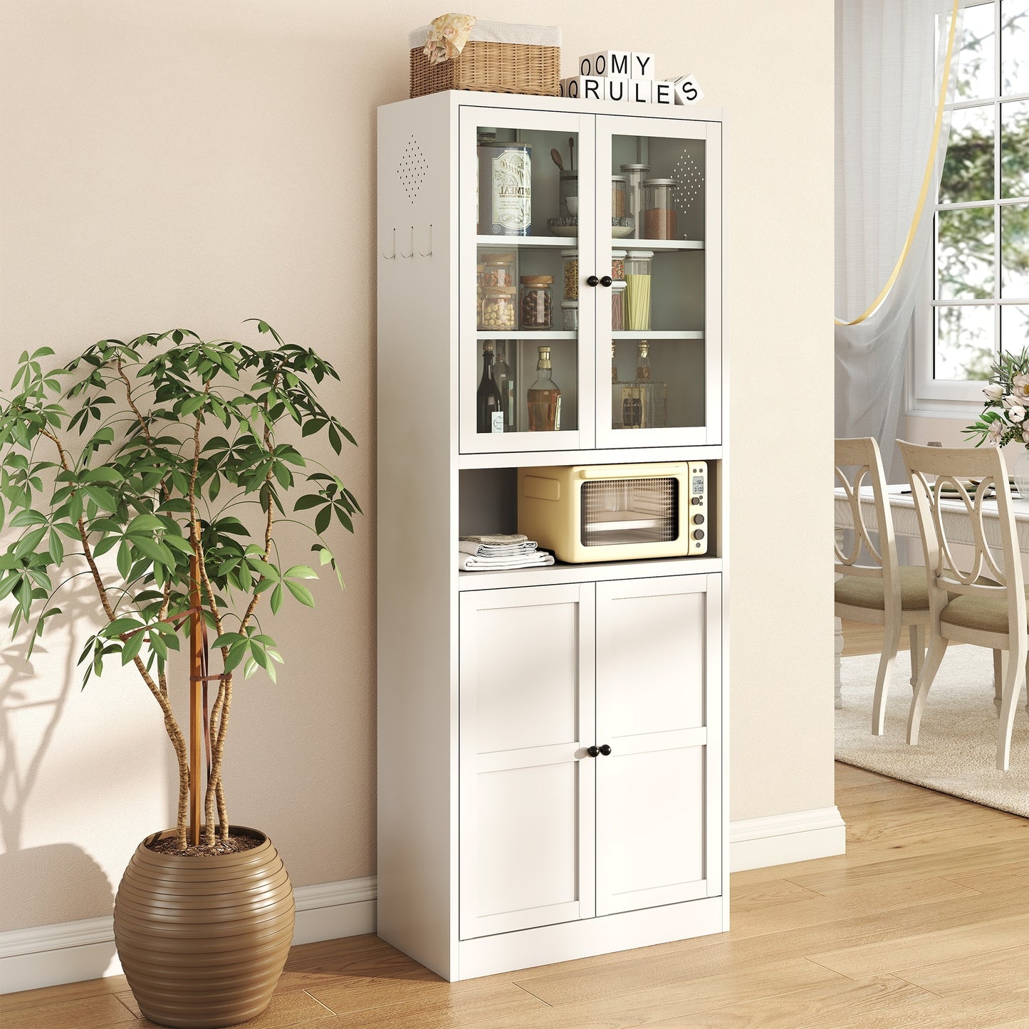 VIYET 72"H Heavy-Duty Metal Kitchen Pantry Cabinet,150LBS/Shelf,Adjustable Shelves+Glass Doors,Freestanding for Kitchen/Pantry/Bathroom(White)