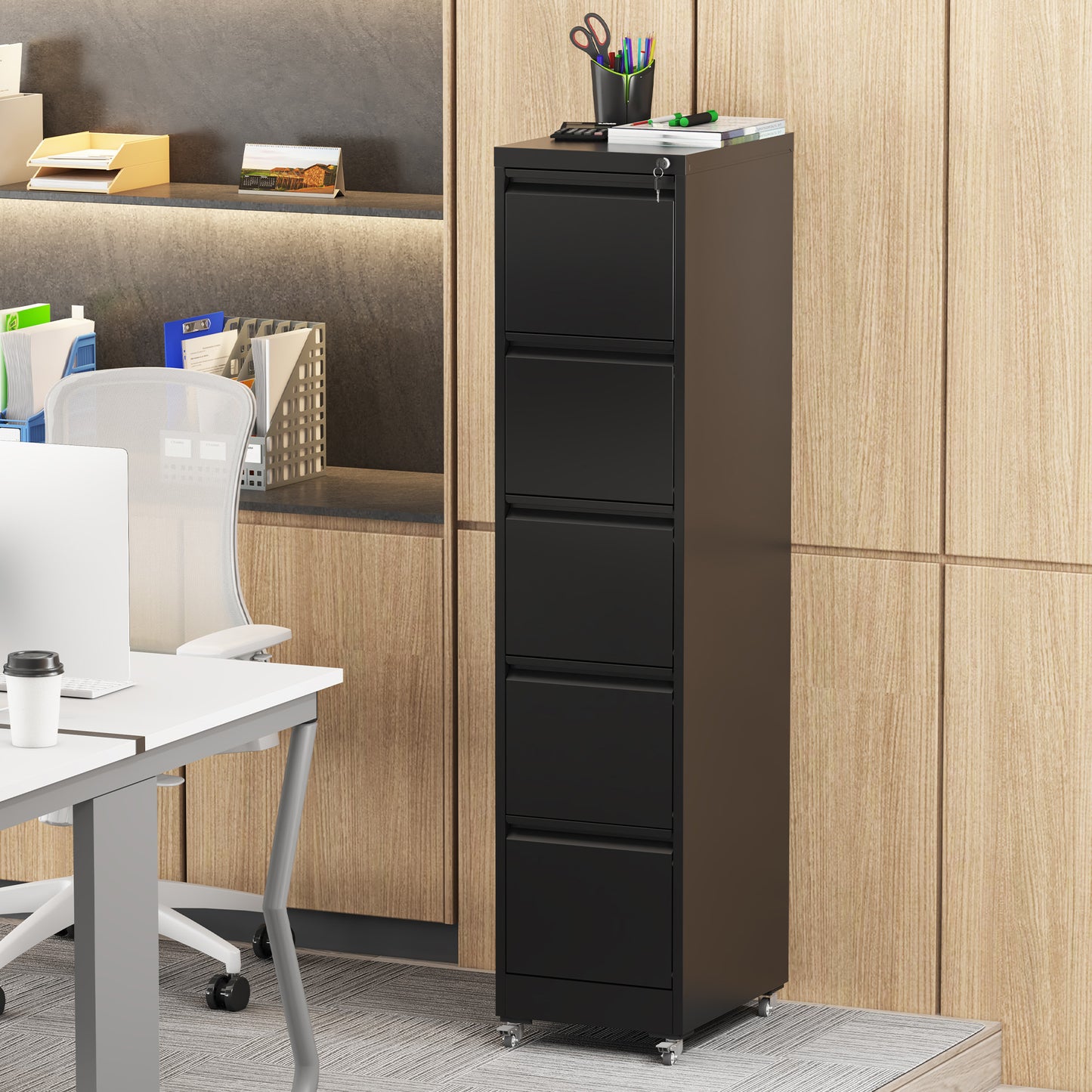 VIYET 64"H 5-Drawer Metal Vertical File Cabinet with Lock & Wheels,Heavy-Duty Storage for Home Office, Fits A4/Letter/Legal (Assembly Required)