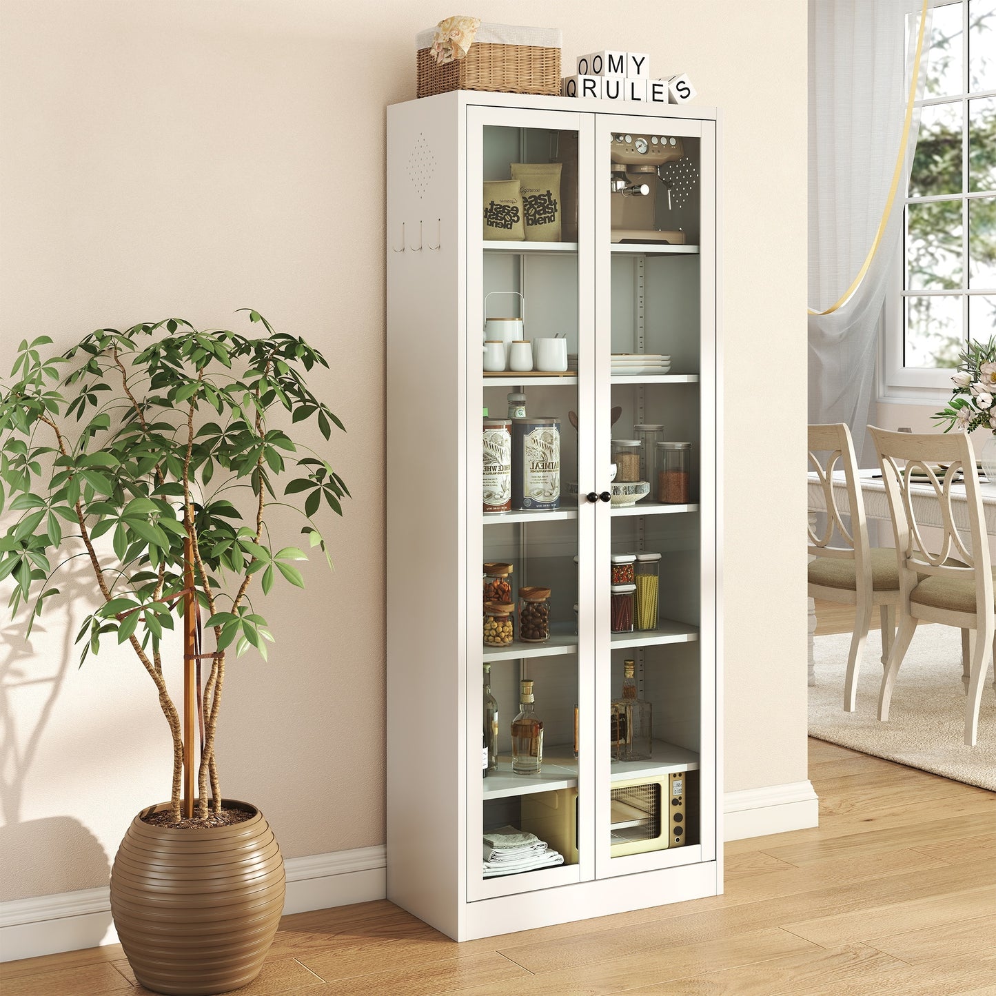 VIYET 72"H Heavy-Duty Metal Kitchen Pantry Cabinet,5 Adjustable Shelves+Glass Doors,80LBS/Shelf Freestanding for Kitchen/Pantry/Bathroom(White)