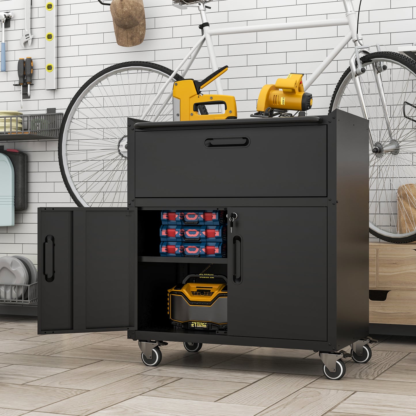 VIYET 35"H Heavy-Duty Mobile Steel Tool Cabinet, 360° Lockable Casters, 3-Sided Top Fence, Garage/Home/Office/Workshop, Black+Gray