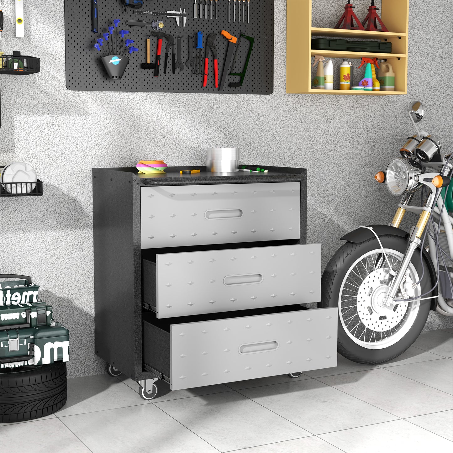 VIYET 35"H 3-Drawer Heavy-Duty Steel Storage Cabinet, Lockable Wheels,200LBS Capacity, Garage/Office/Home, Black+Gray
