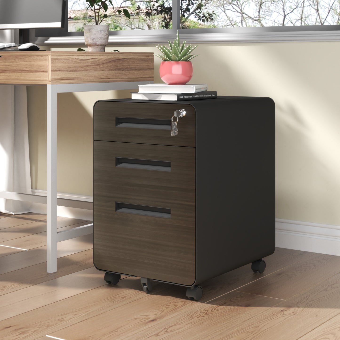 VIYET 23" 3-Drawer Mobile File Cabinet, Black Cold-Rolled Steel Lockable Under-Desk Cabinet (5-Wheel Anti-Tilting for A4/Legal/Letter Files)
