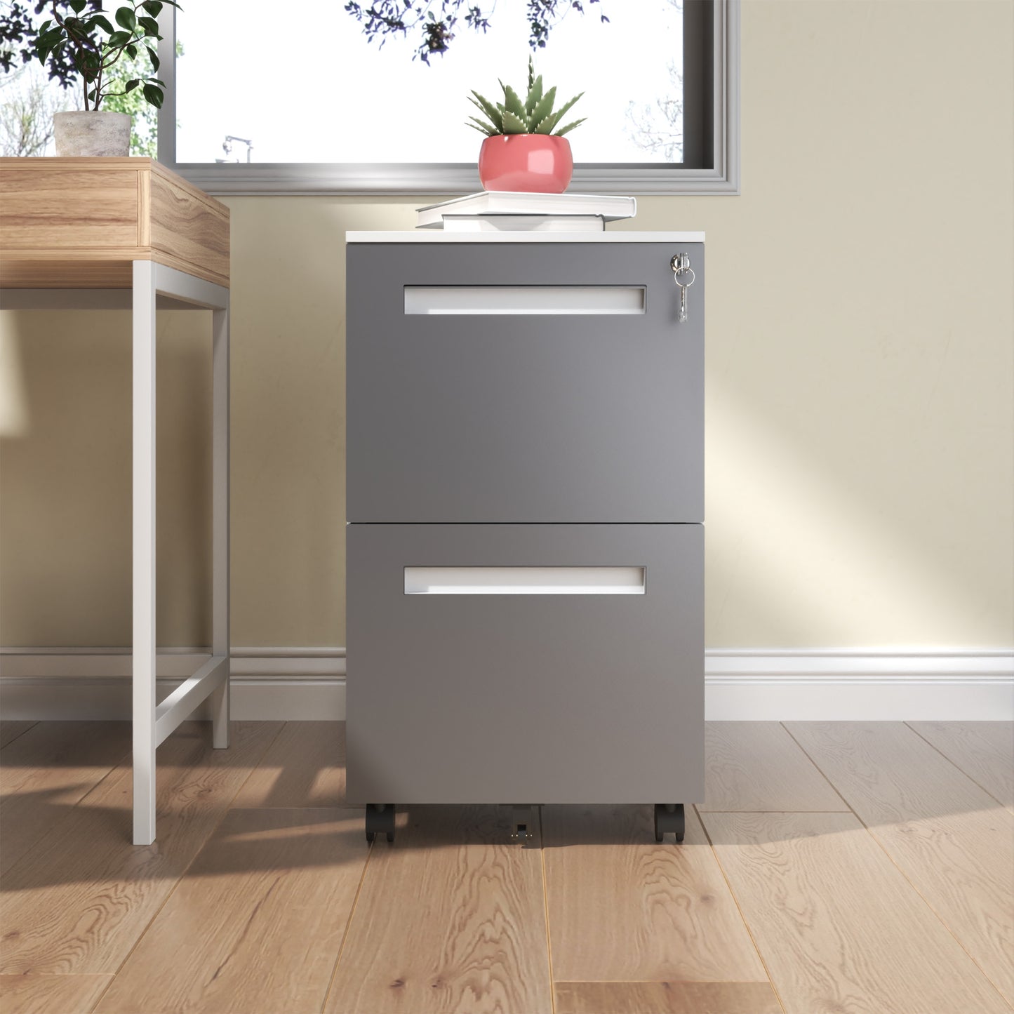 VIYET 18H" 2-Drawer Mobile File Cabinet,All-Steel Lockable Storage on 360°Wheels,Fully Assembled for Home/Commercial Office (Holds A4/Letter/Legal,White)