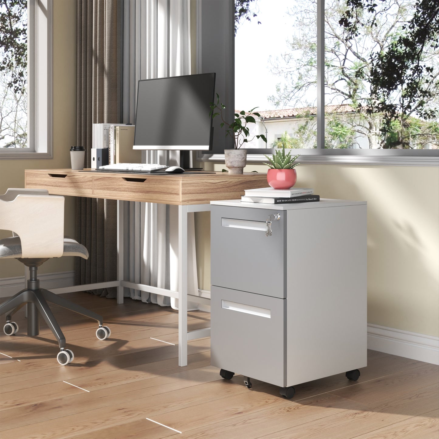 VIYET 18H" 2-Drawer Mobile File Cabinet,All-Steel Lockable Storage on 360°Wheels,Fully Assembled for Home/Commercial Office (Holds A4/Letter/Legal,White)