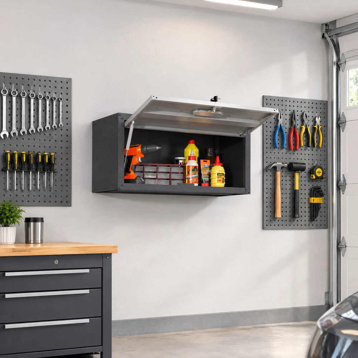 VIYET Wall Mounted Garage Cabinet, Lockable Metal Tool Storage Cabinet with Lift-Up Door, 120 Lbs Capacity, Steel Workshop Organizer
