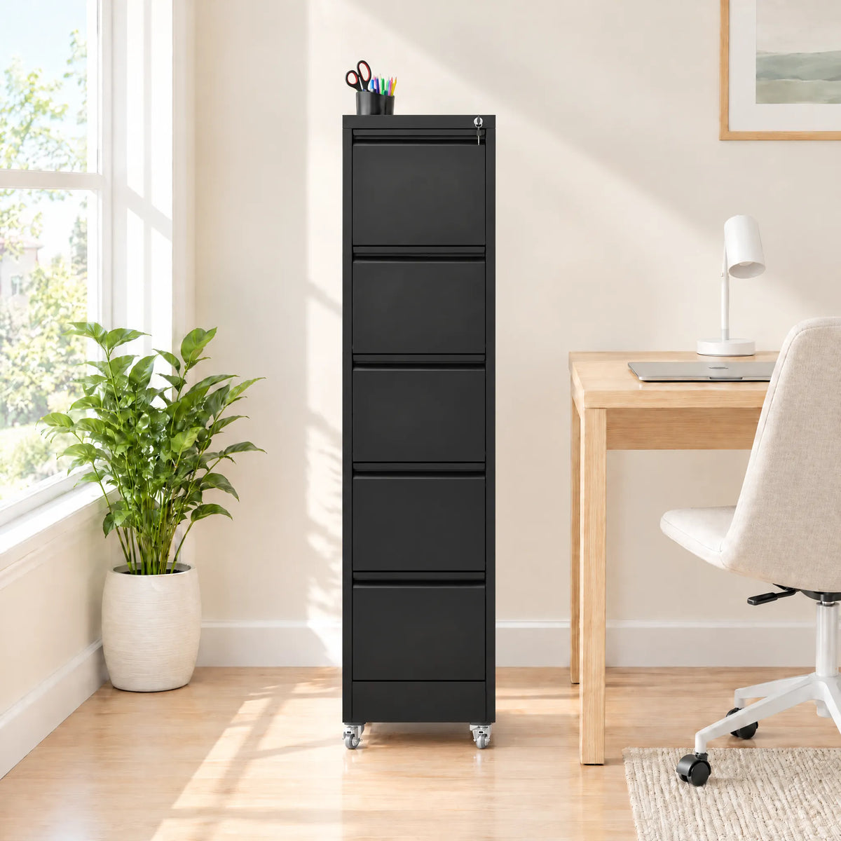 VIYET 5 Drawer Vertical File Cabinet, Metal Rolling Filing Cabinet with Lock, Fits A4, Letter & Legal Files, Home Office Storage